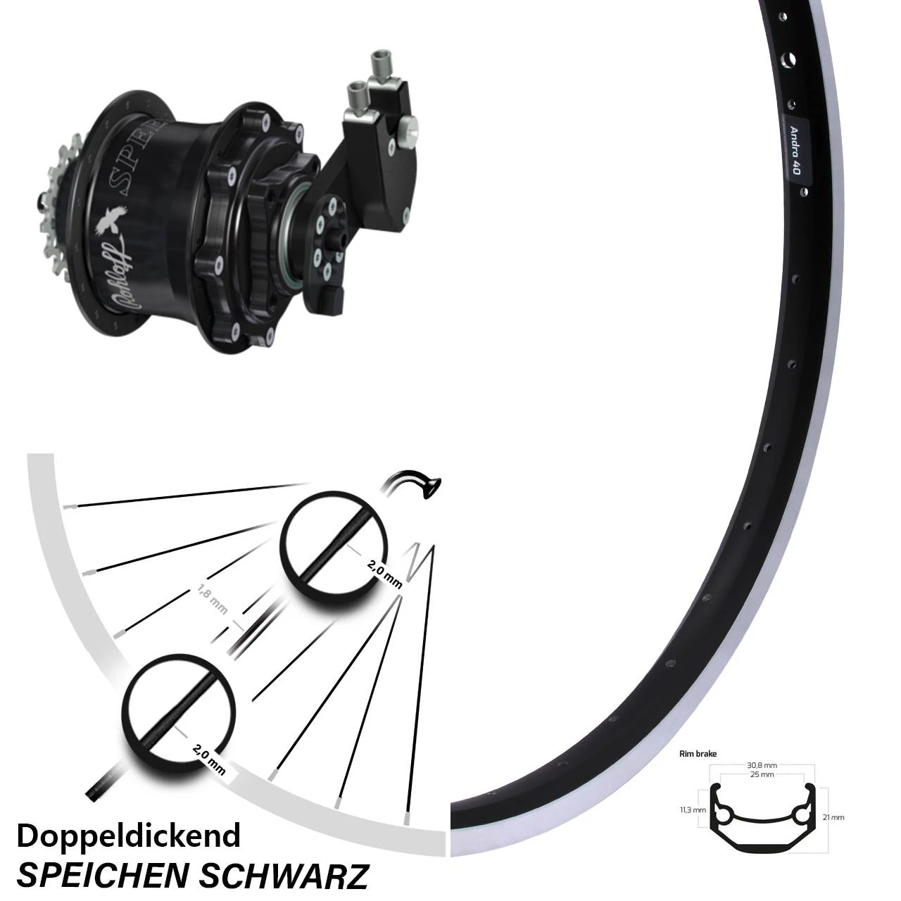 28 Zoll Ryde Andra 40 Hinterrad Mit Rohloff Speedhub CC DB OEM Schwarz