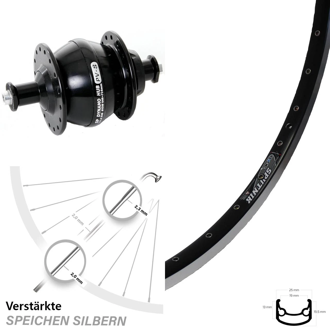 28 Zoll Vorderrad Ryde Sputnik Schwarz Shutter PV8 Nabendynamo