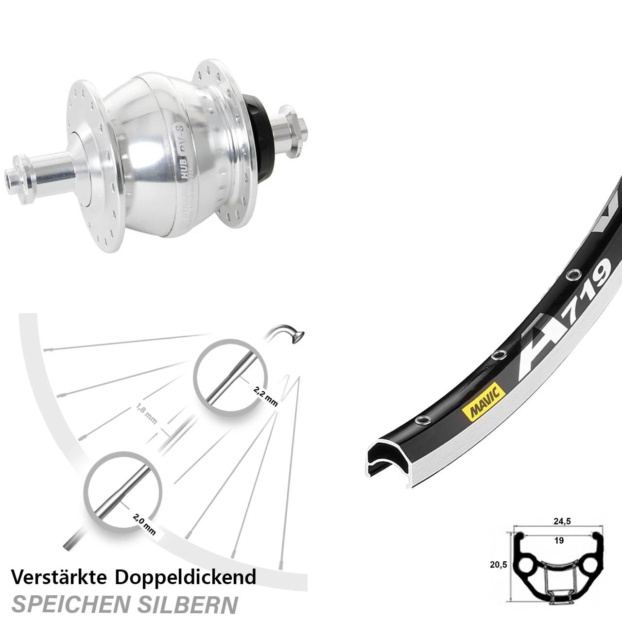 Vorderrad Shutter PV8 Nabendynamo Mavic A 719 28 Zoll Schwarz