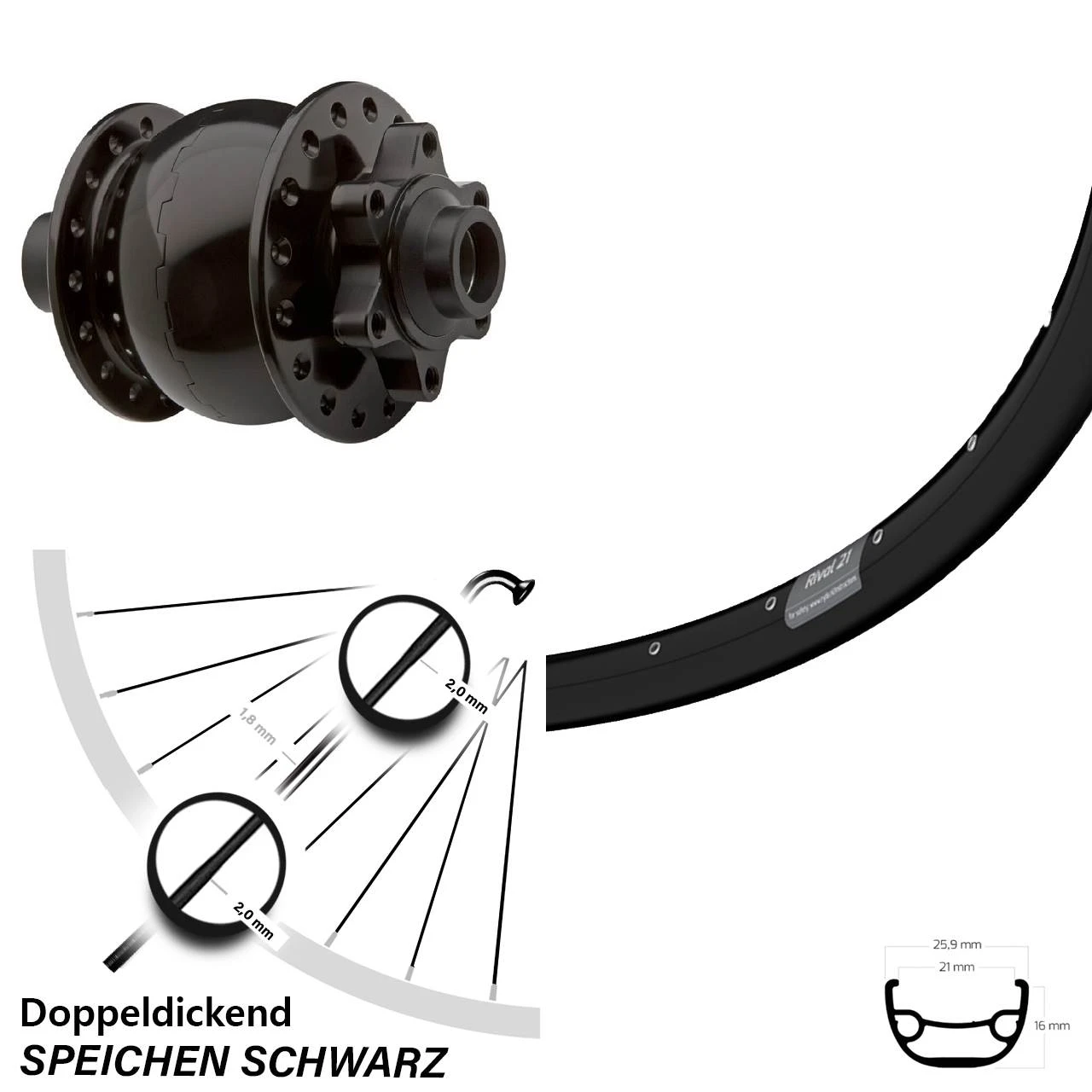 29 Zoll Fahrrad Nabendynamolaufrad Ryde Rival 21 Son 28-15 6-Loch Schwarz