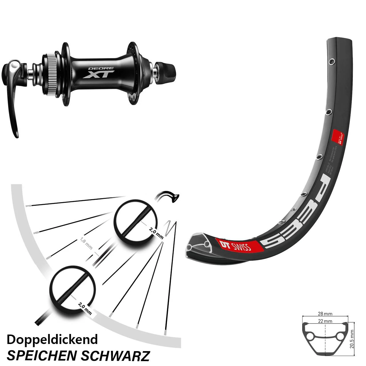 Dt-swiss Schwarzes 26 Zoll Vorderrad DT Swiss 533 D Mit Shimano XT HB-M8000 Nabe
