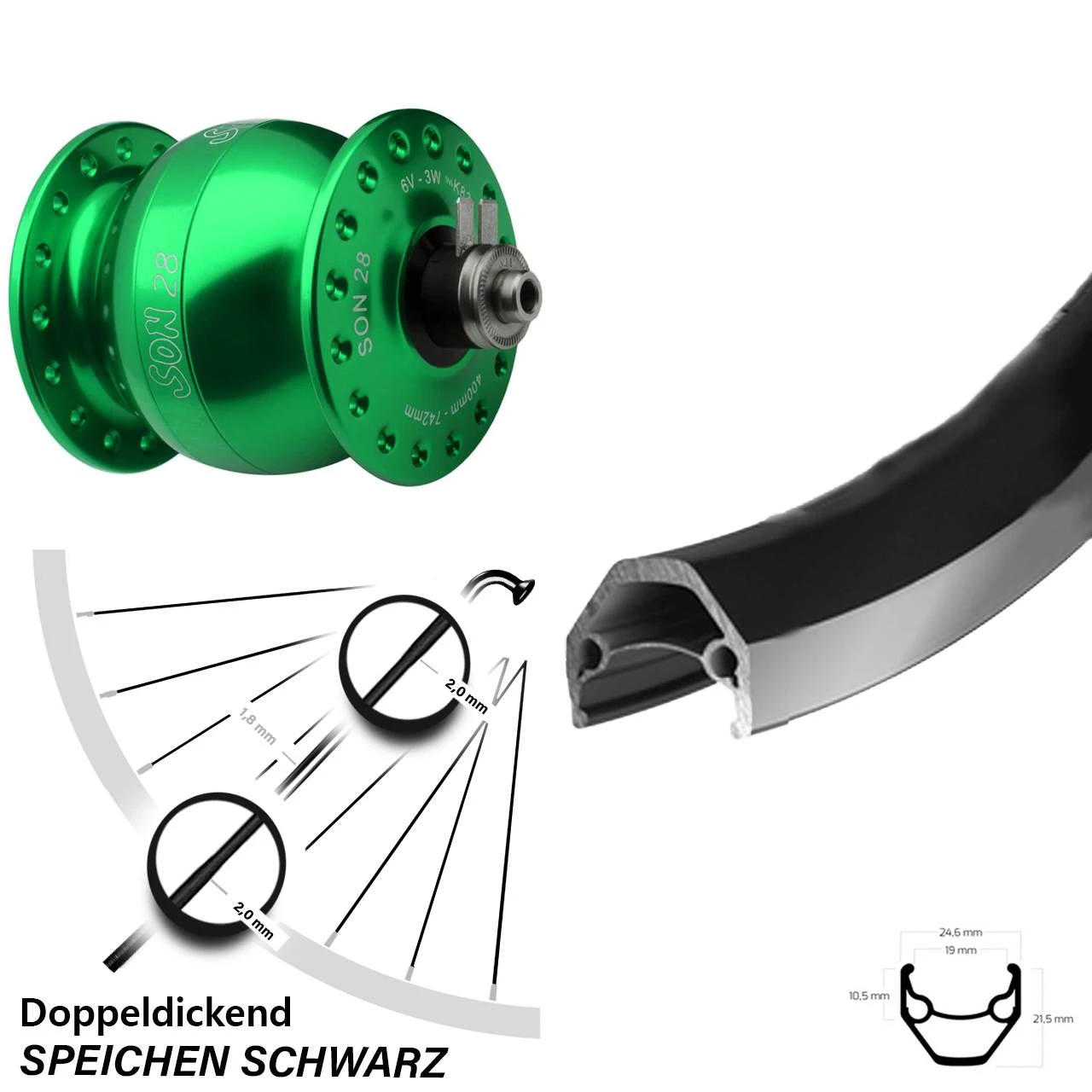 28 Zoll Nabendynamo Vorderrad Ryde ZAC 2000 Son 28 GrĂŒn Eloxiert