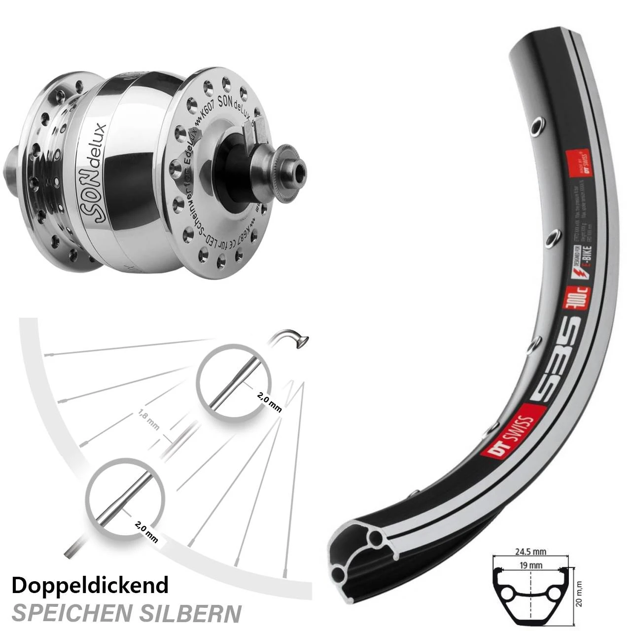 Dt-swiss 26 Zoll Nabendynamo Vorderrad DT Swiss 535 Son Delux