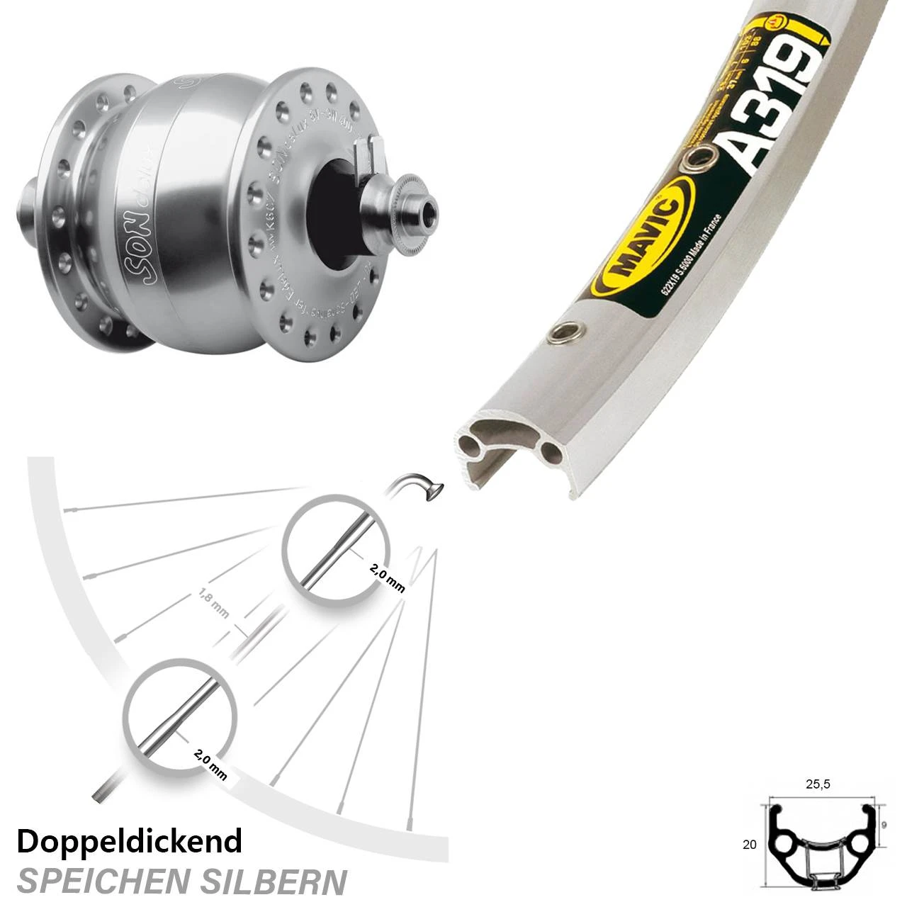 Vorderrad Mit Nabendynamo Son Delux Mavic A 319 Silbern Eloxiert 28 Zoll