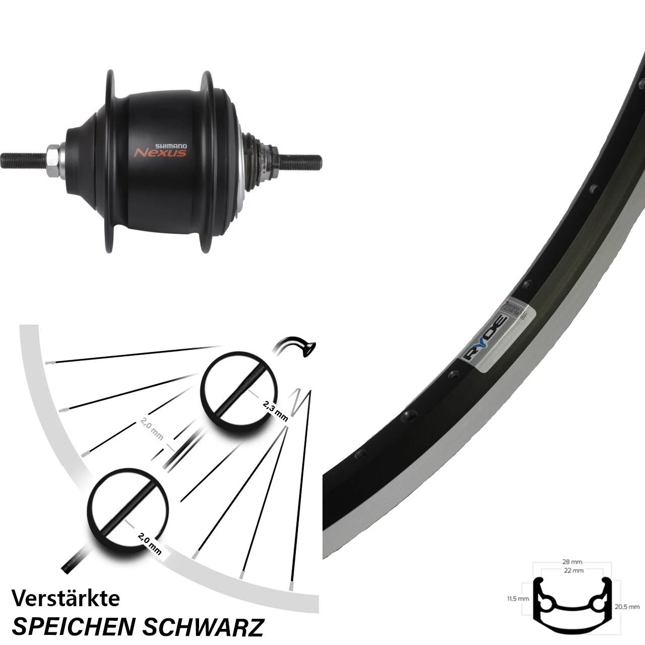 28 Zoll Ryde Hinterrad Andra 35 Shimano Nexus 8-Gang Premium Schwarz