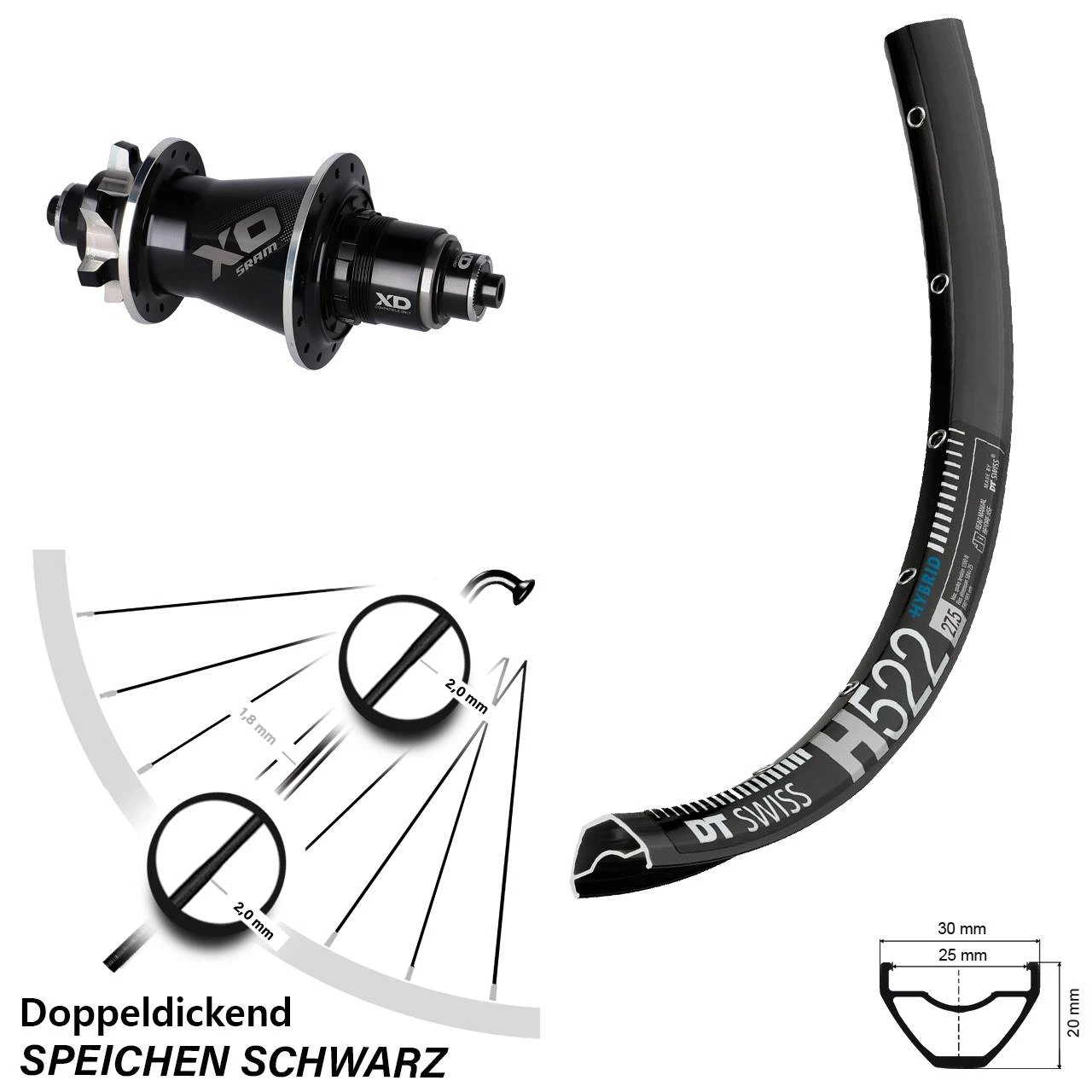 Dt-swiss 27,5 Zoll MTB-Hinterrad Sram X0 Nabe 135/142 XD DT Swiss H 522 6-Loch