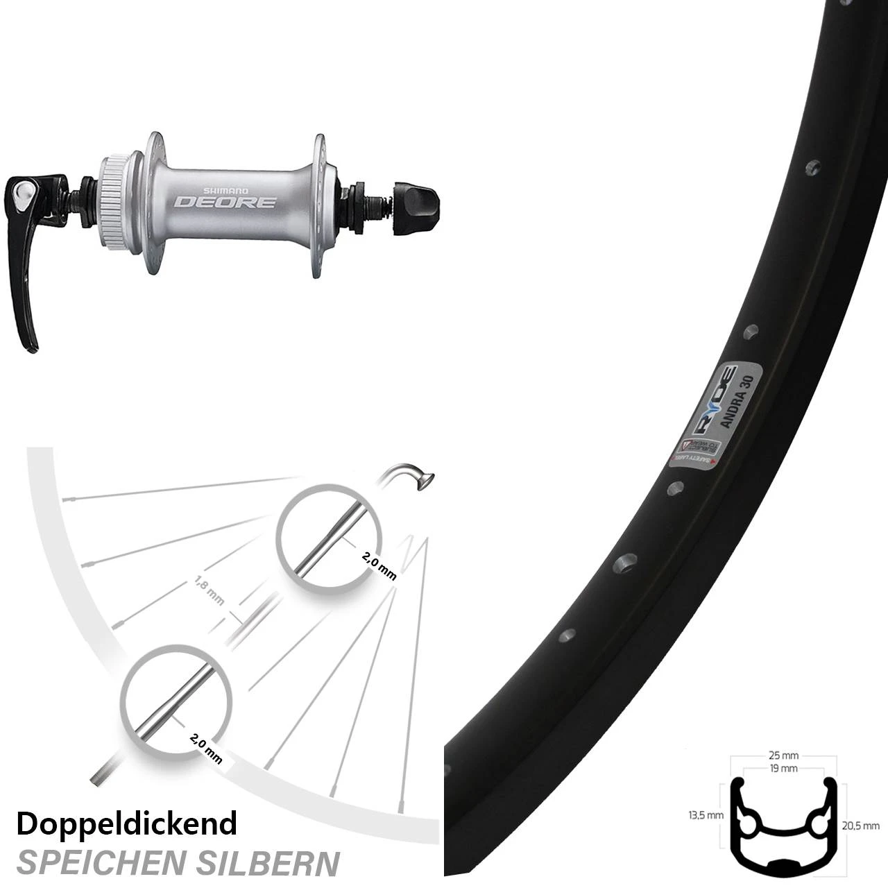 Shimano Deore HB-M6000 Ryde Andra 30 Disc Vorderrad 28 Zoll Centerlock