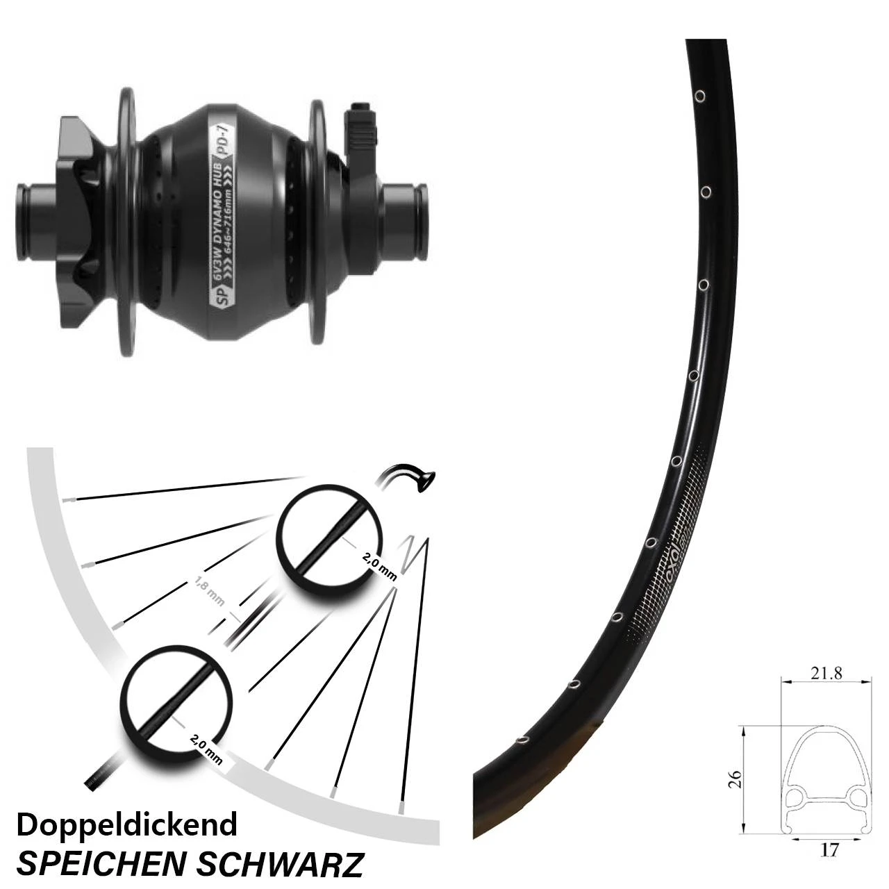 SP 6-Loch PD-7 Exal GR 17 Scheibenbrems- Vorderrad 28 Zoll Schwarz