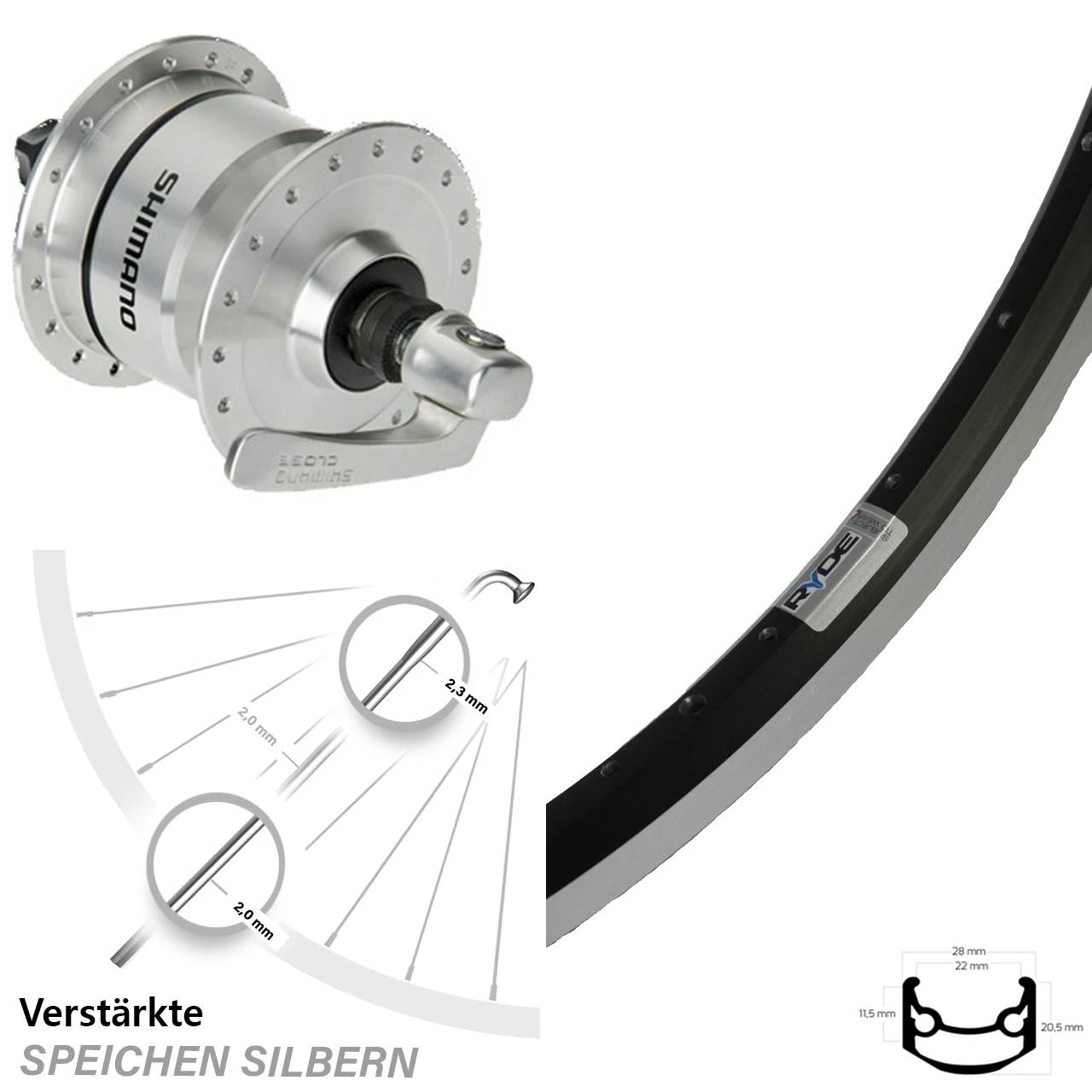 26 Zoll Ryde Andra 35 Vorderrad Mit DH-3N72 Shimano Nabendynamo