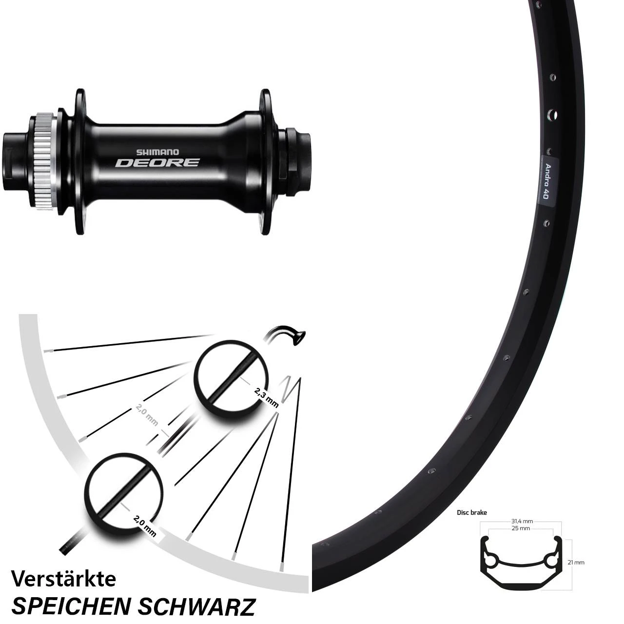 24 Zoll Ryde Andra 40 Vorderrad Disc Shimano Deore Nabe