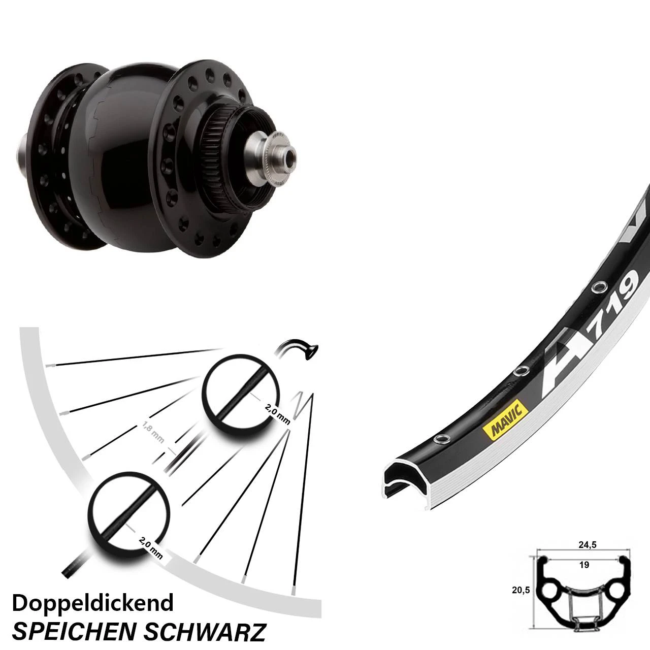 Vorderrad 28 Zoll Mavic A-719 Mit Son 28 Nabendynamo Centerlock Schwarz