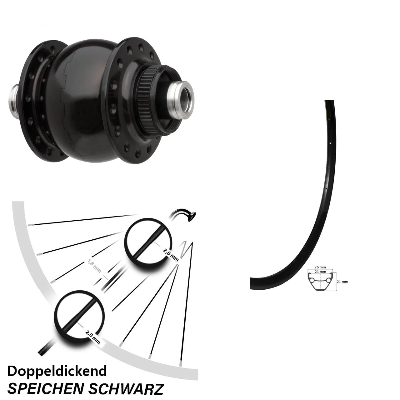 Sapim Nabendynamo Giant Hohlkammer Felge Scheibenbrems- Vorderrad 28/29 Zoll Schwarz