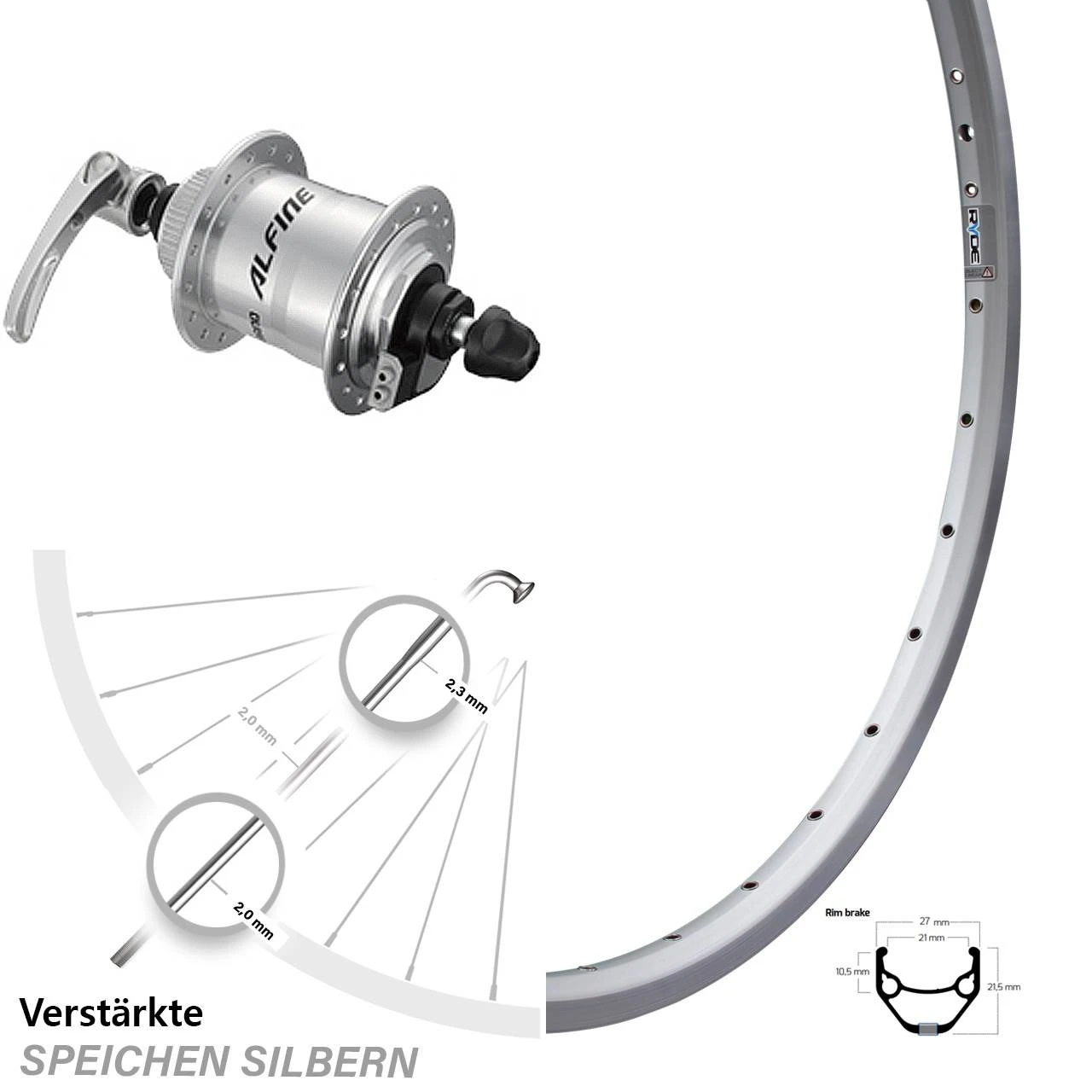 28 Zoll Vorderrad Ryde ZAC 421 Alfine DH-S701 Disc Centerlock 6V-1,5W Silbern
