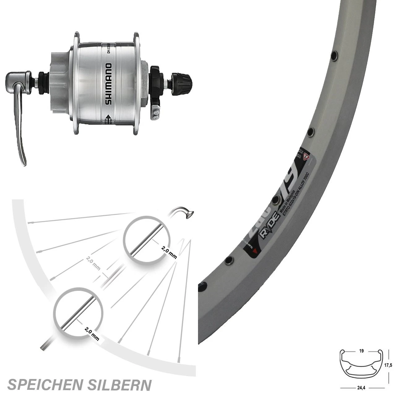 26 Zoll Vorderrad Ryde Zac 19 Nabendynamo DH-3D32-QR Disc 6-Loch