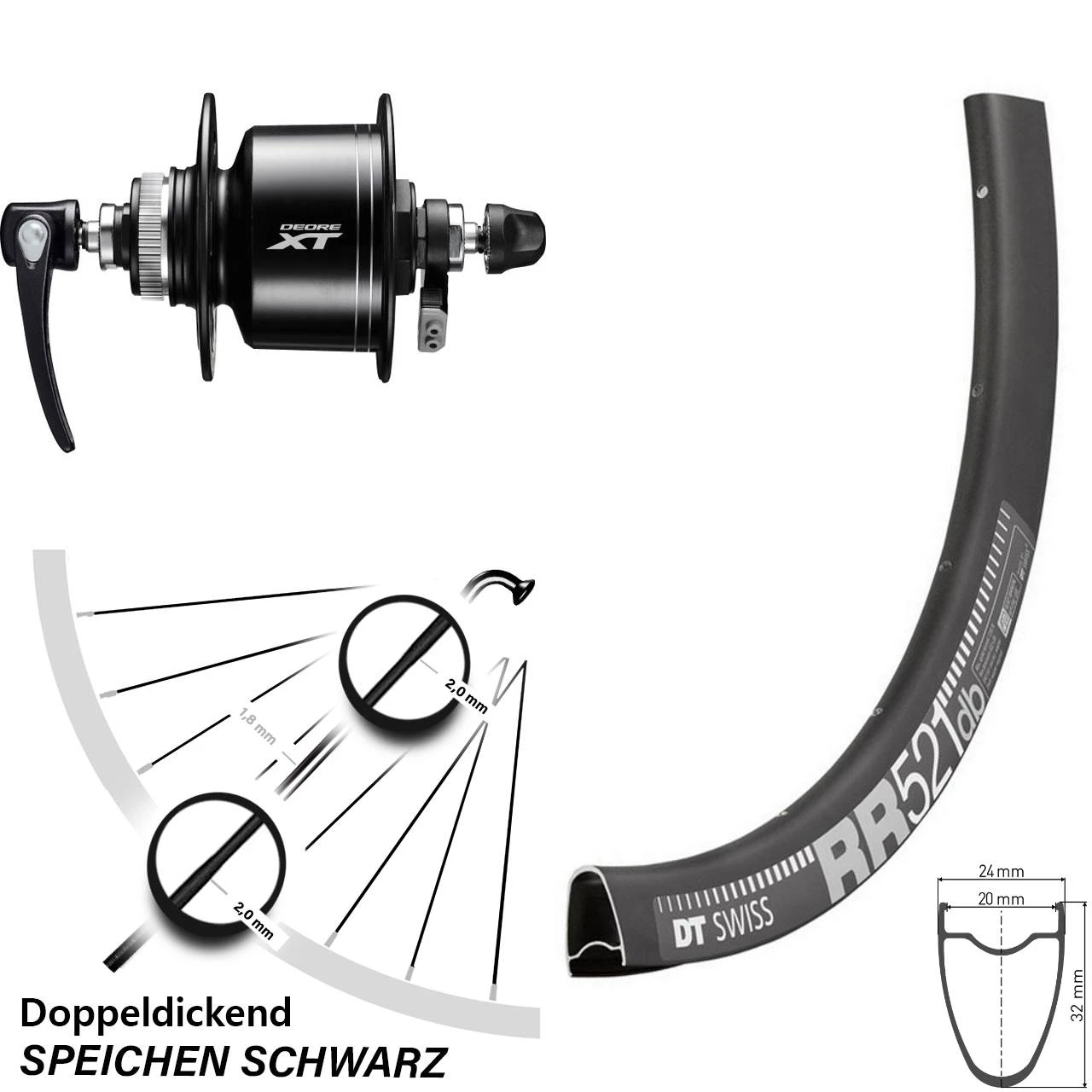 Dt-swiss Rennrad Vorderrad 28 Zoll Shimano XT Nabendynamo DT Swiss RR 521 DB Disc