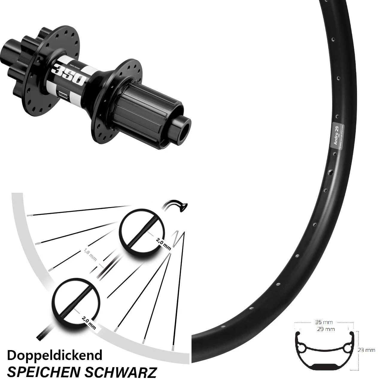 27,5+ Hinterrad DT Swiss 350 Boost Ryde Andra 29 Schwarz