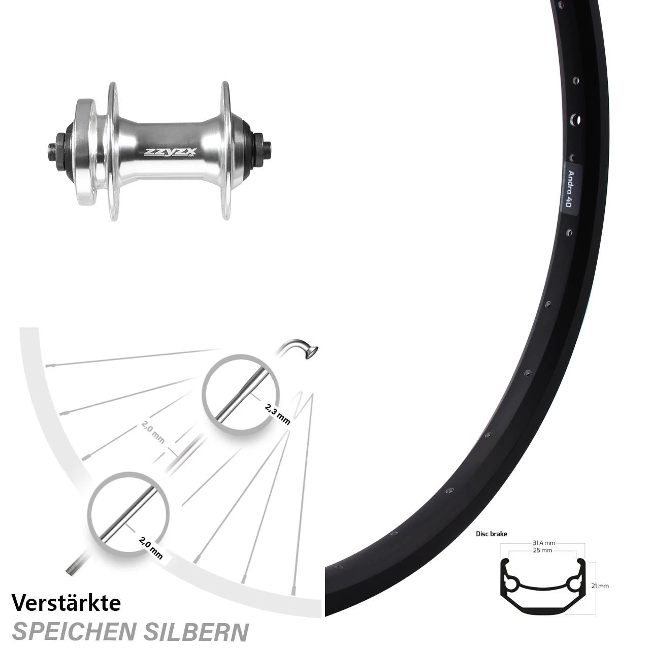 24 Zoll Vorderrad Ryde Andra 40 Disc Mit Zzyzx Nabe Silbern