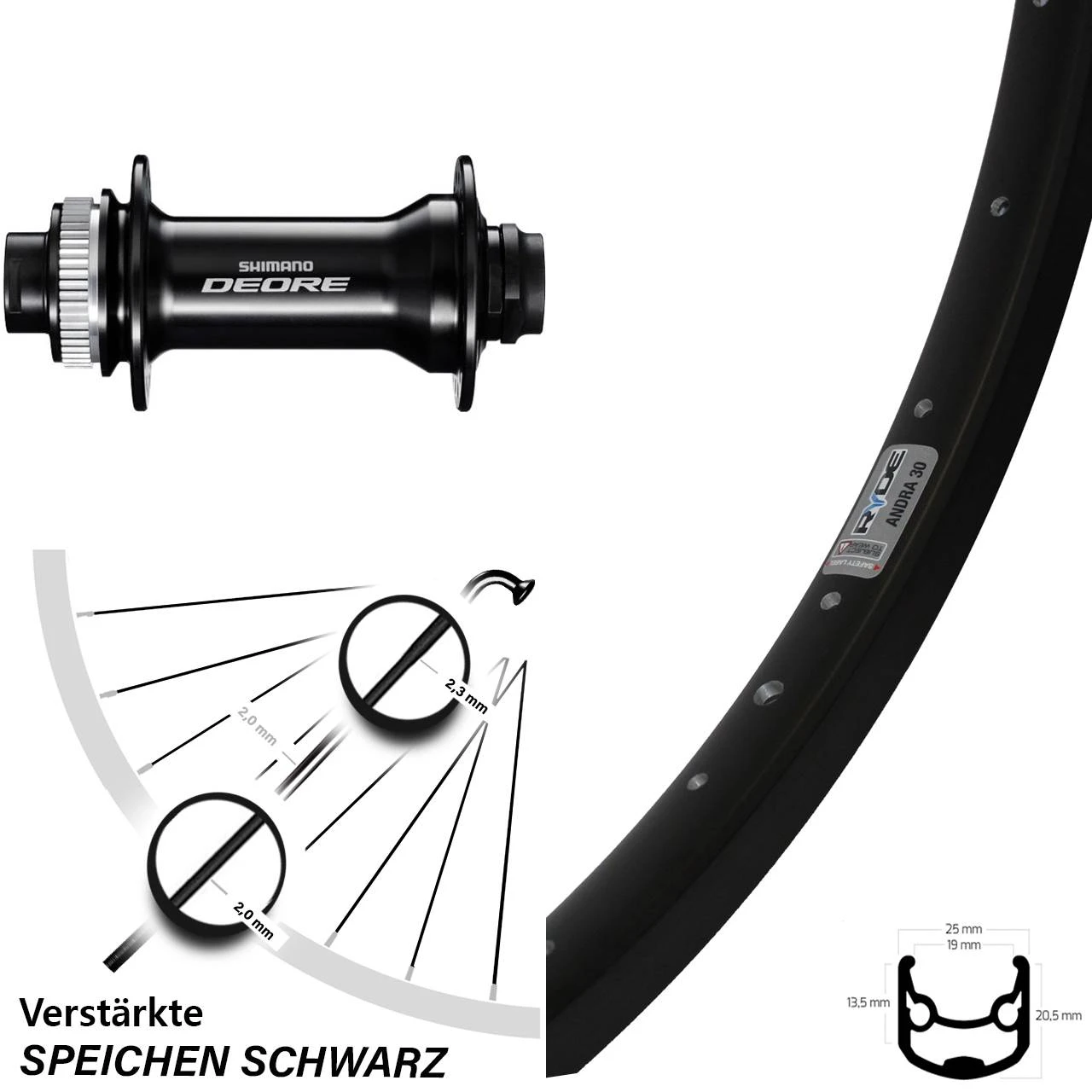 Shimano Deore HB-M6010 Ryde Andra 30 Disc Vorderrad 26 Zoll