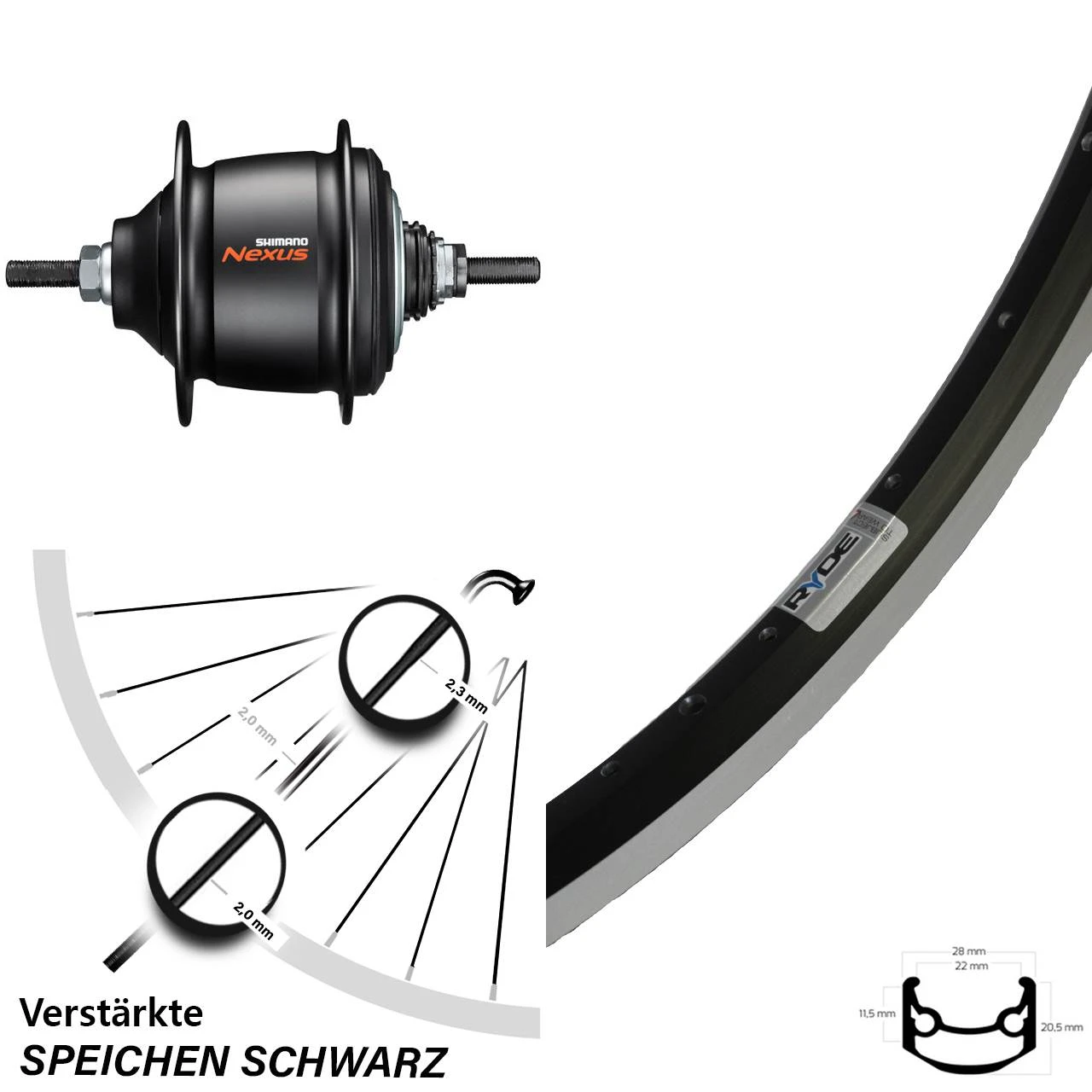 Hinterrad 27,5 Zoll Ryde Andra 35 Shimano Nexus 8-Gang Schwarz