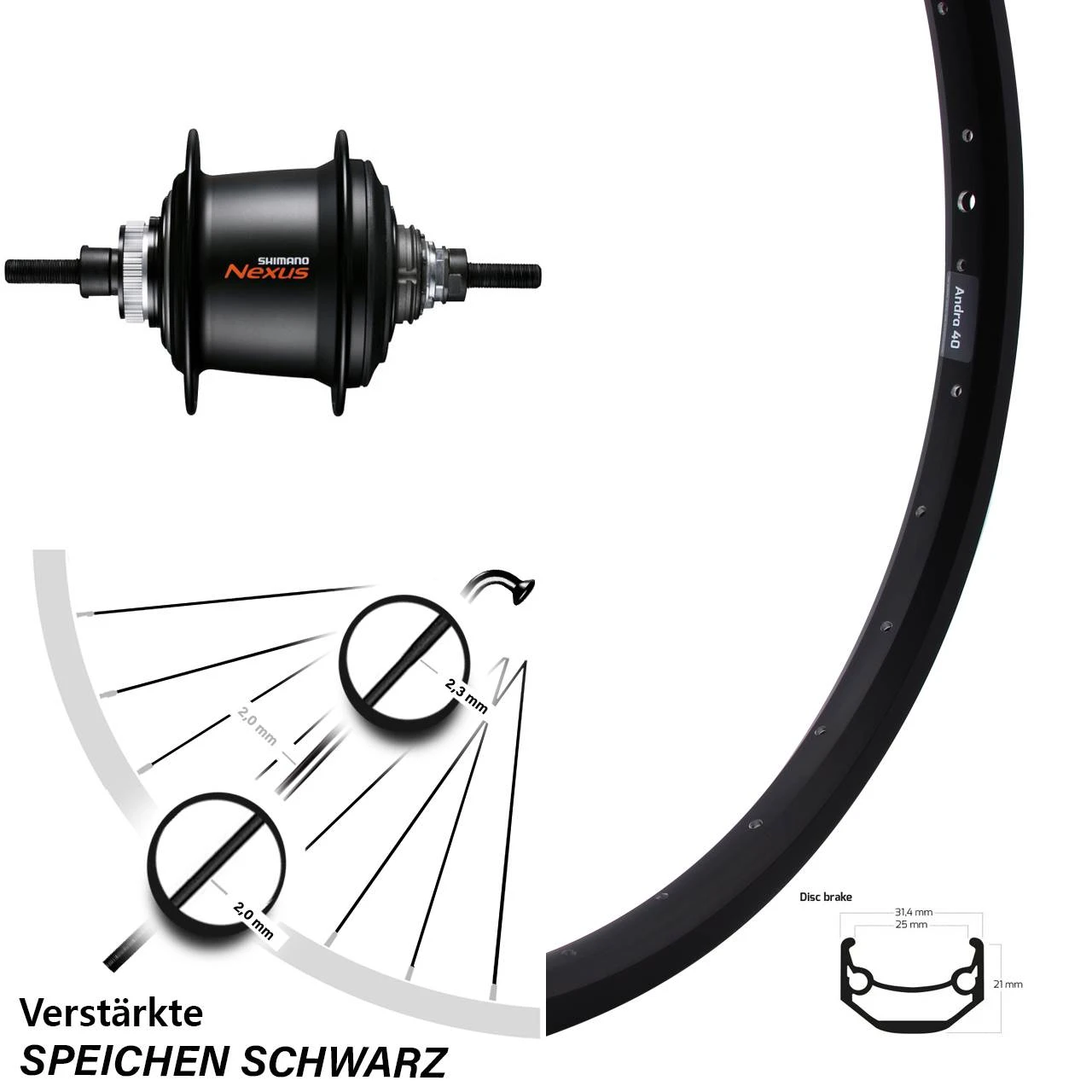 20 Zoll Ryde Andra 40 Disc Hinterrad Mit Shimano Nexus 7-Gang Schwarz