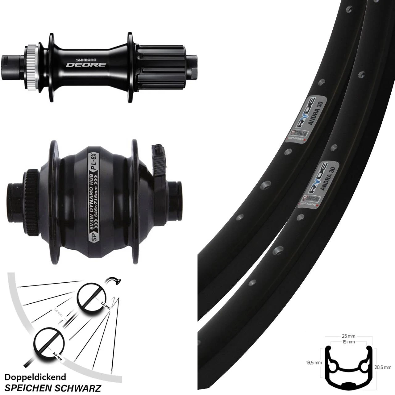 Laufradsatz Dynamo 26 Zoll Ryde Andra 30 Shutter Precision PL-8X Shimano Deore 142 Mm