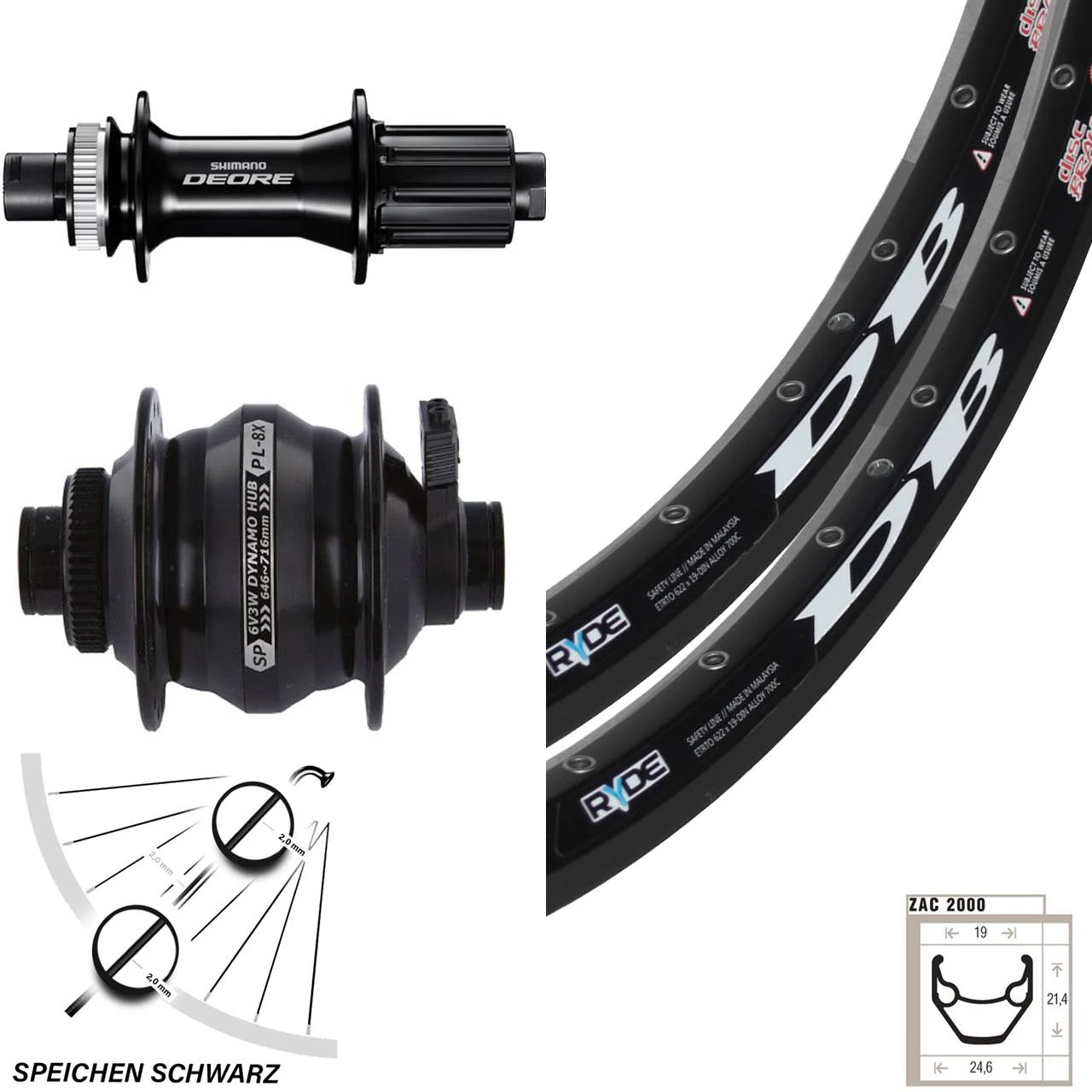 28 Zoll Dynamo Laufradsatz Ryde ZAC2000 Shutter Precision PL-8X 15 Mm Shimano Deore 142 Mm