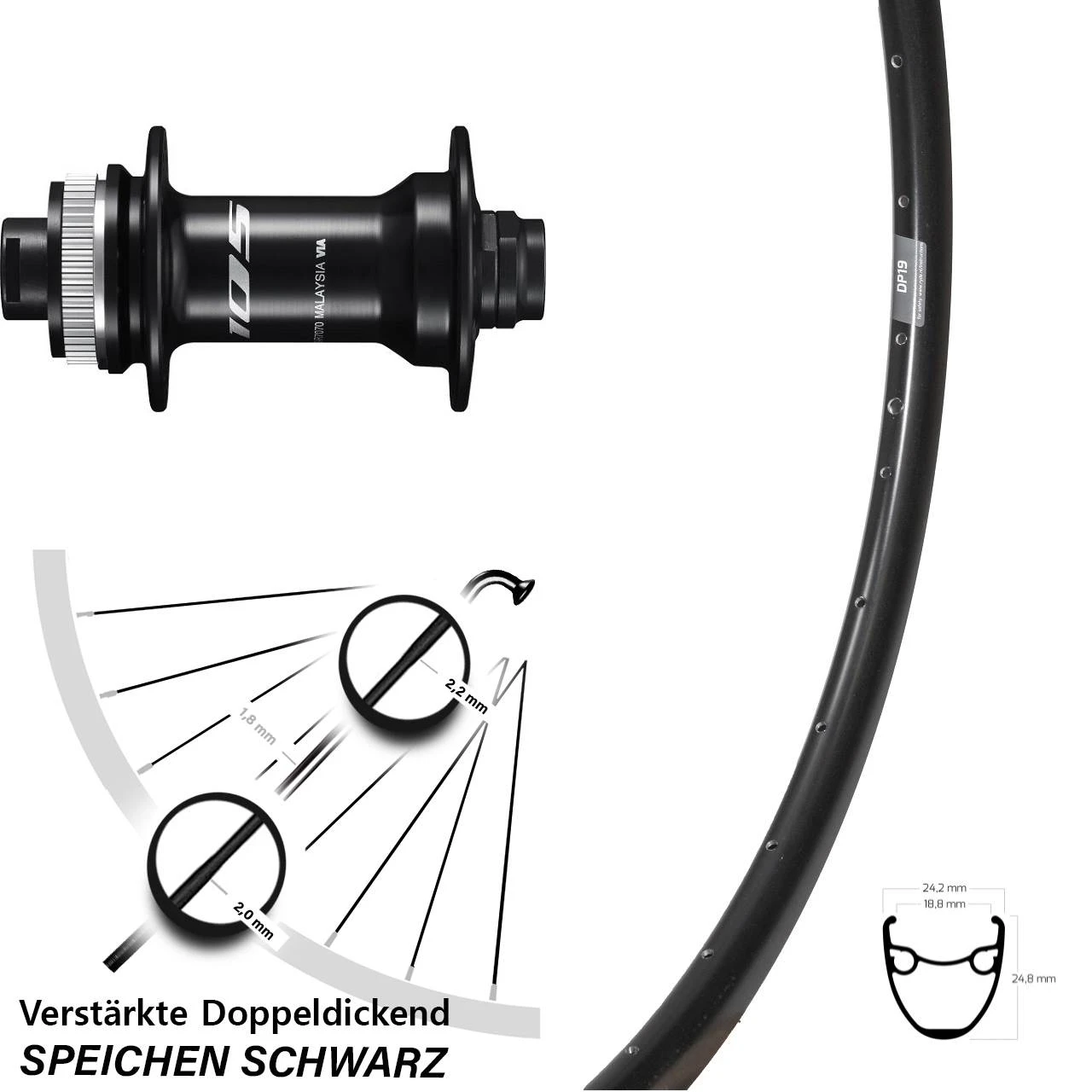 28 Zoll Vorderrad Shimano 105 HB-R7070 Ryde DP 19 Steckachse Sapim Force