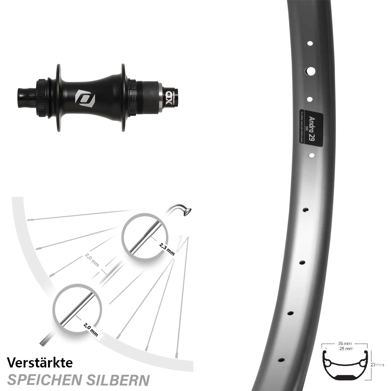 Hinterrad 29 Zoll Ryde Andra 29 Disc Silbern Syncros Boost Sram XD Centerlock
