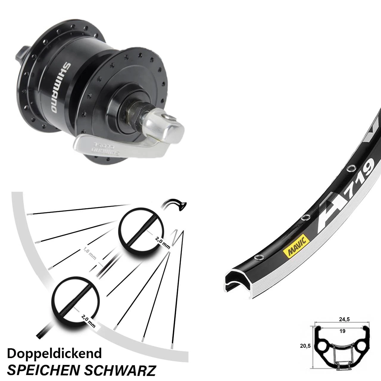 28 Zoll Vorderrad Mit Nabendynamo Mavic A 719 Shimano DH-3N72 Schwarz