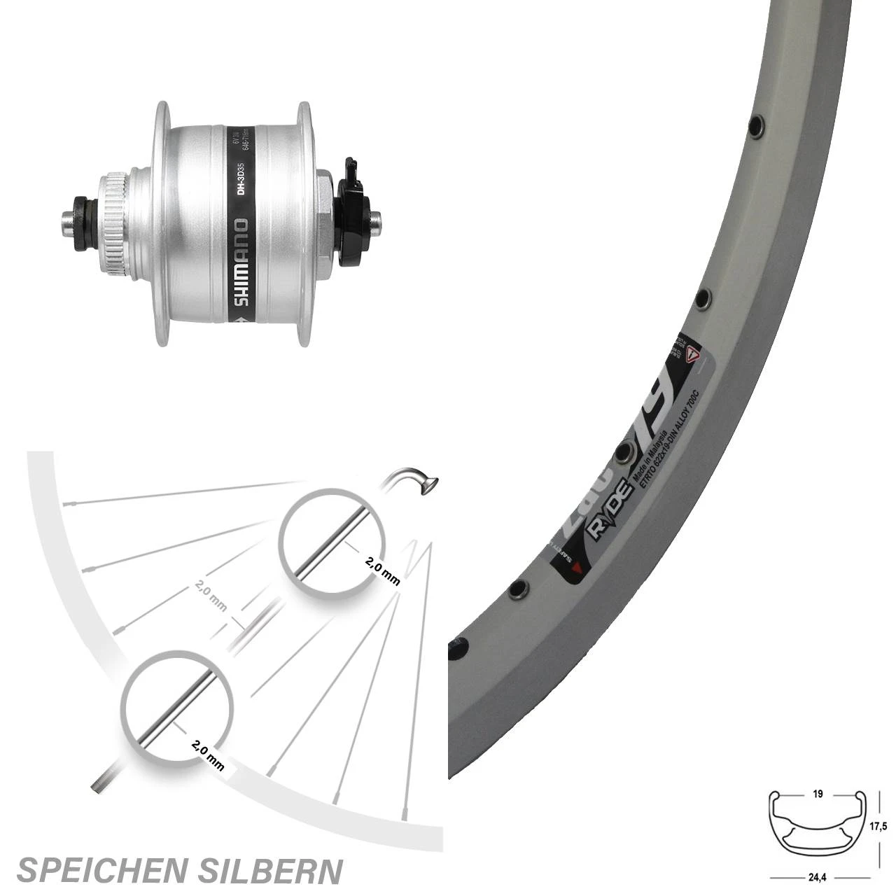 28 Zoll Vorderes Rad Mit Nabendynamo Ryde ZAC 19 Shimano DH-3D35