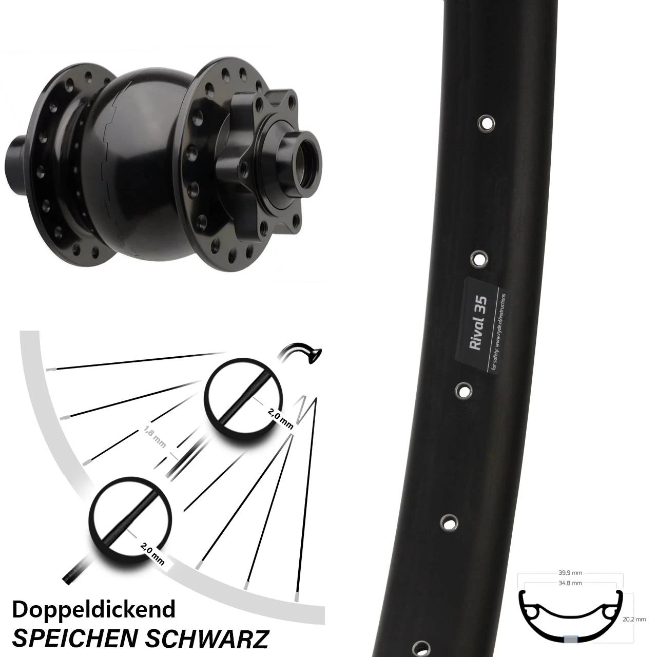 Son 28-15 Boost Dynamo Vorderrad Ryde Rival 35 Disc 27,5+ Zoll