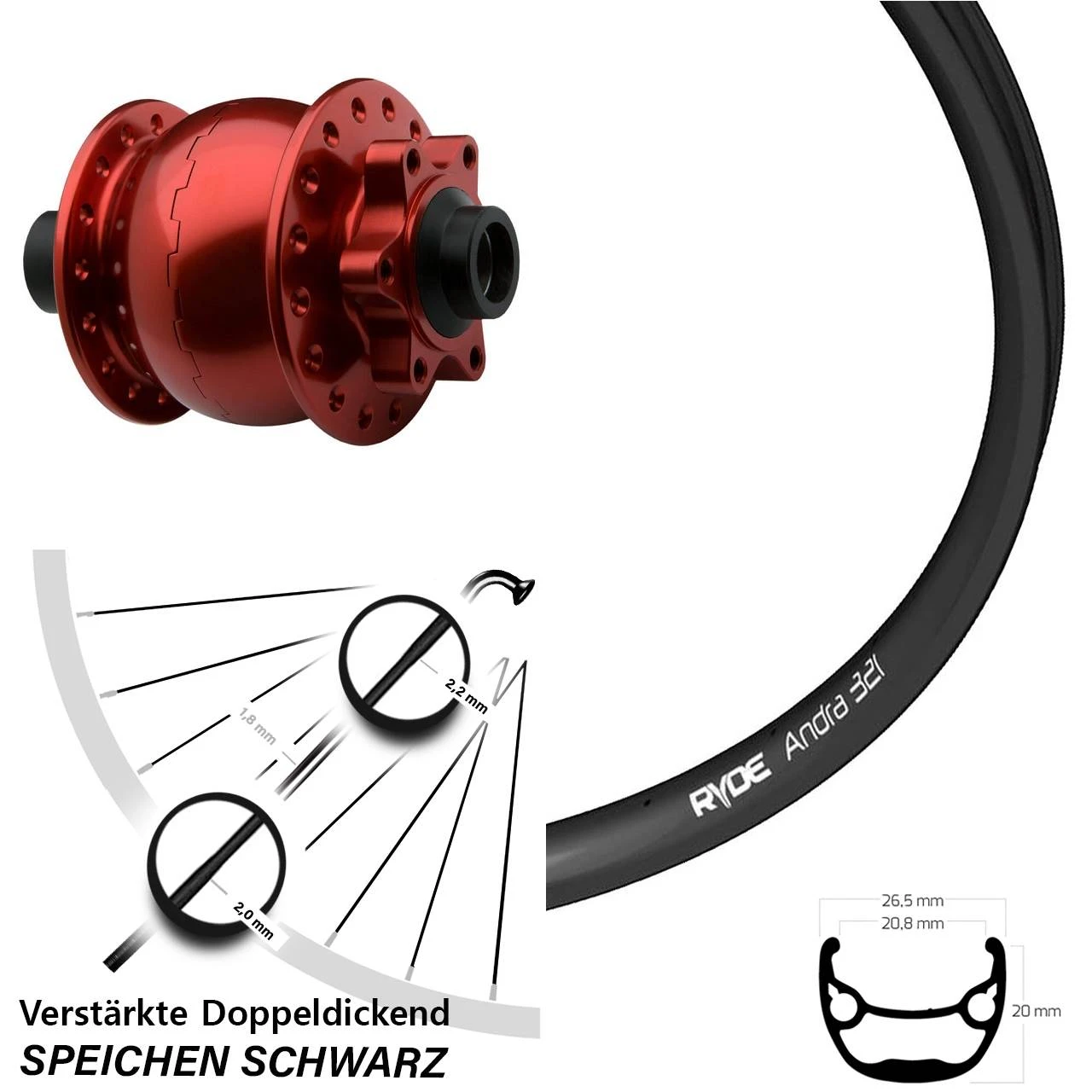 27,5 Zoll Vorderrad Mit Nabendynamo Ryde Andra 321 Son 28-15 Disc Rot Eloxiert