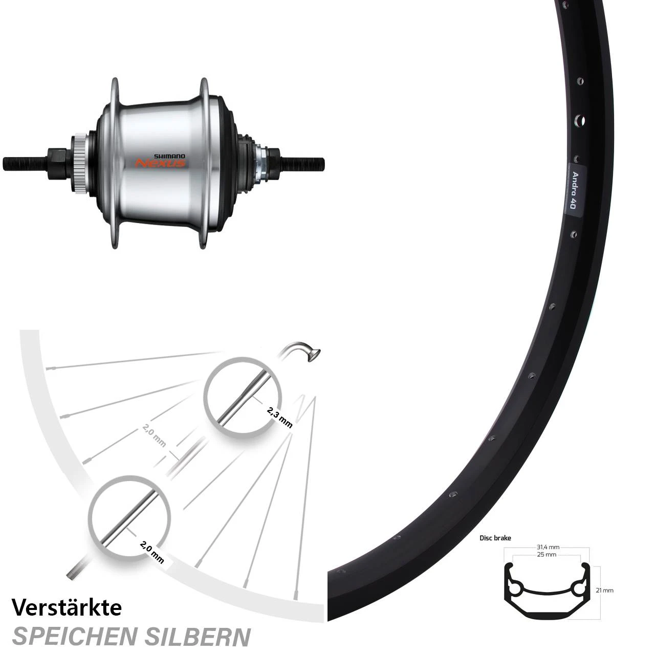 Hinterrad 26 Zoll Ryde Andra 40 Disc Shimano Nexus 7-Gang Centerlock