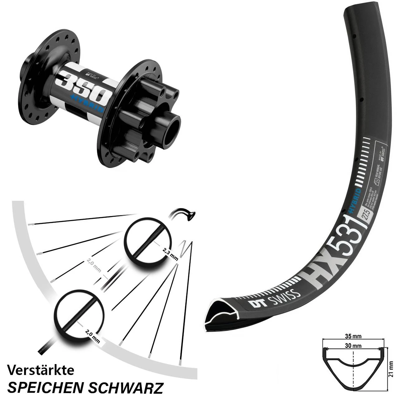 Dt-swiss DT Swiss 350 Hybrid Boost Und HX 531 Vorderrad 27,5 Zoll