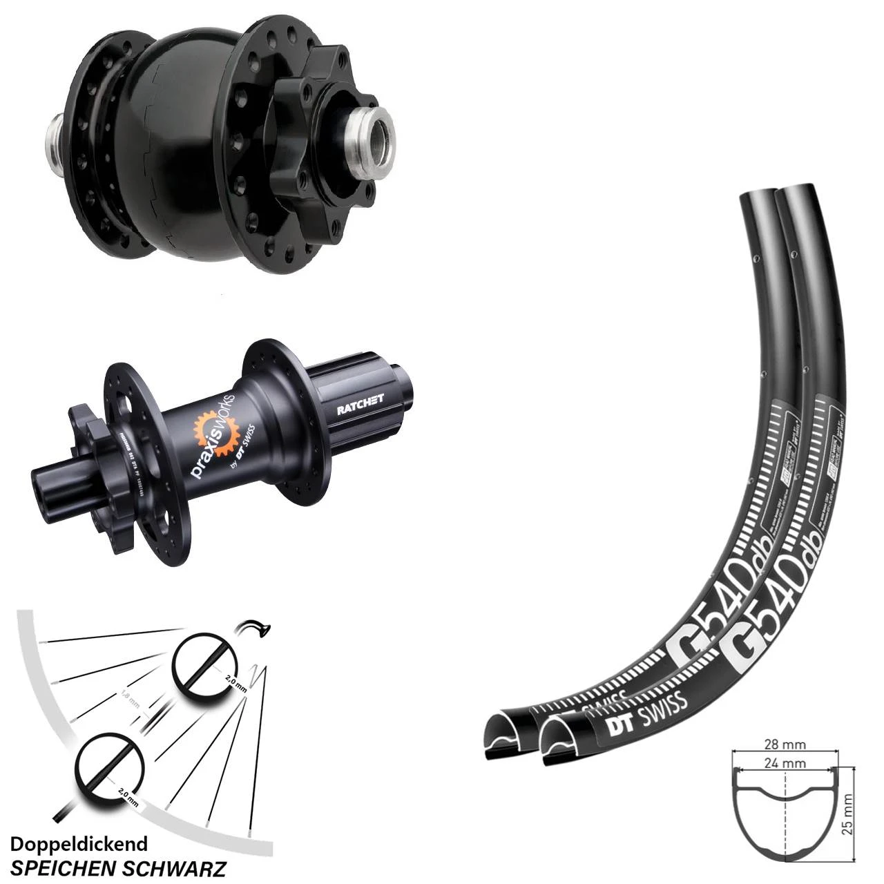 Dt-swiss Laufradsatz 28 Zoll G 540 DT Swiss 350 Steckachse 100/142 Mm 11-fach Dynamo Son 28-12