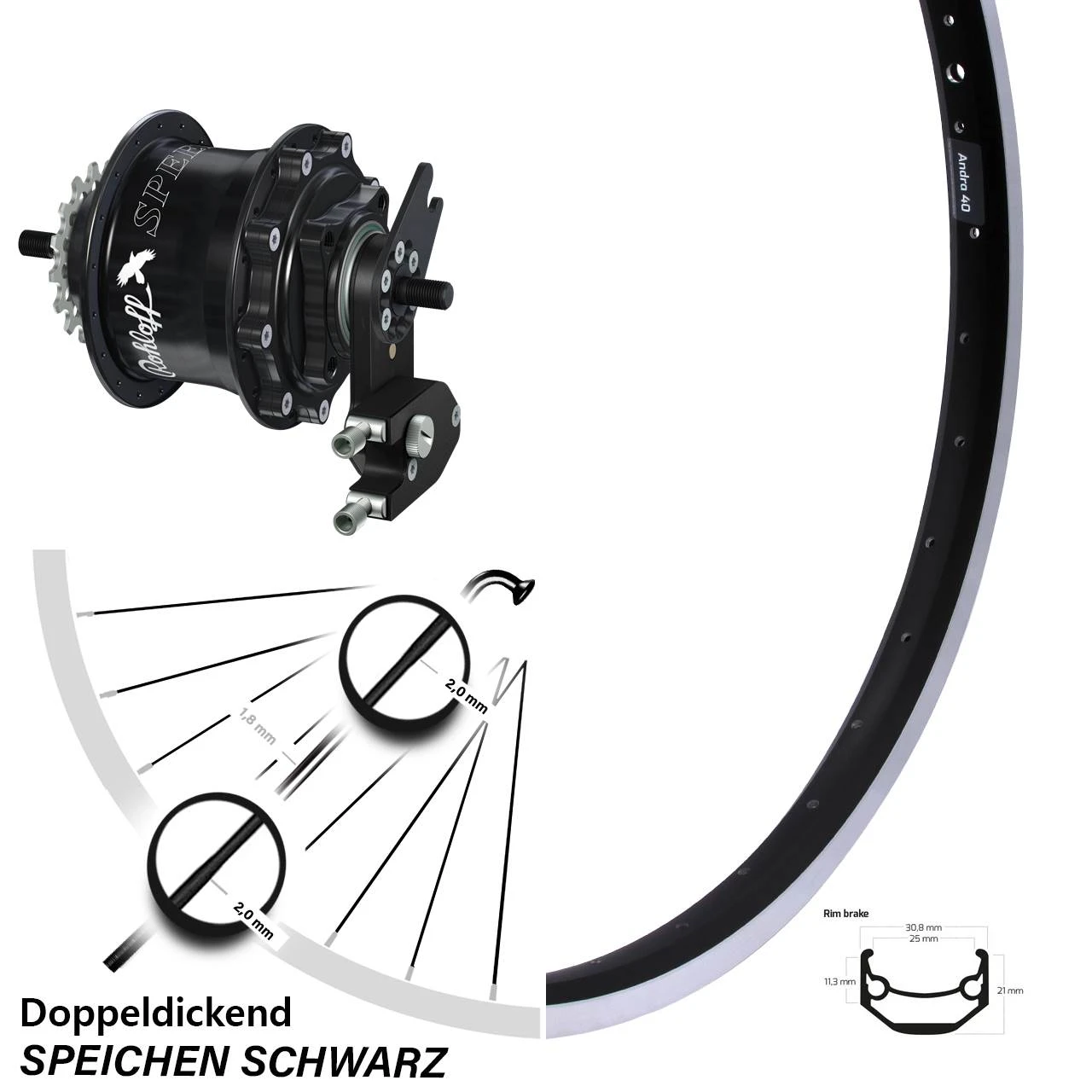 26 Zoll Hinterrad Rohloff TS DB OEM2 Tandem Schwarz Ryde Andra 40