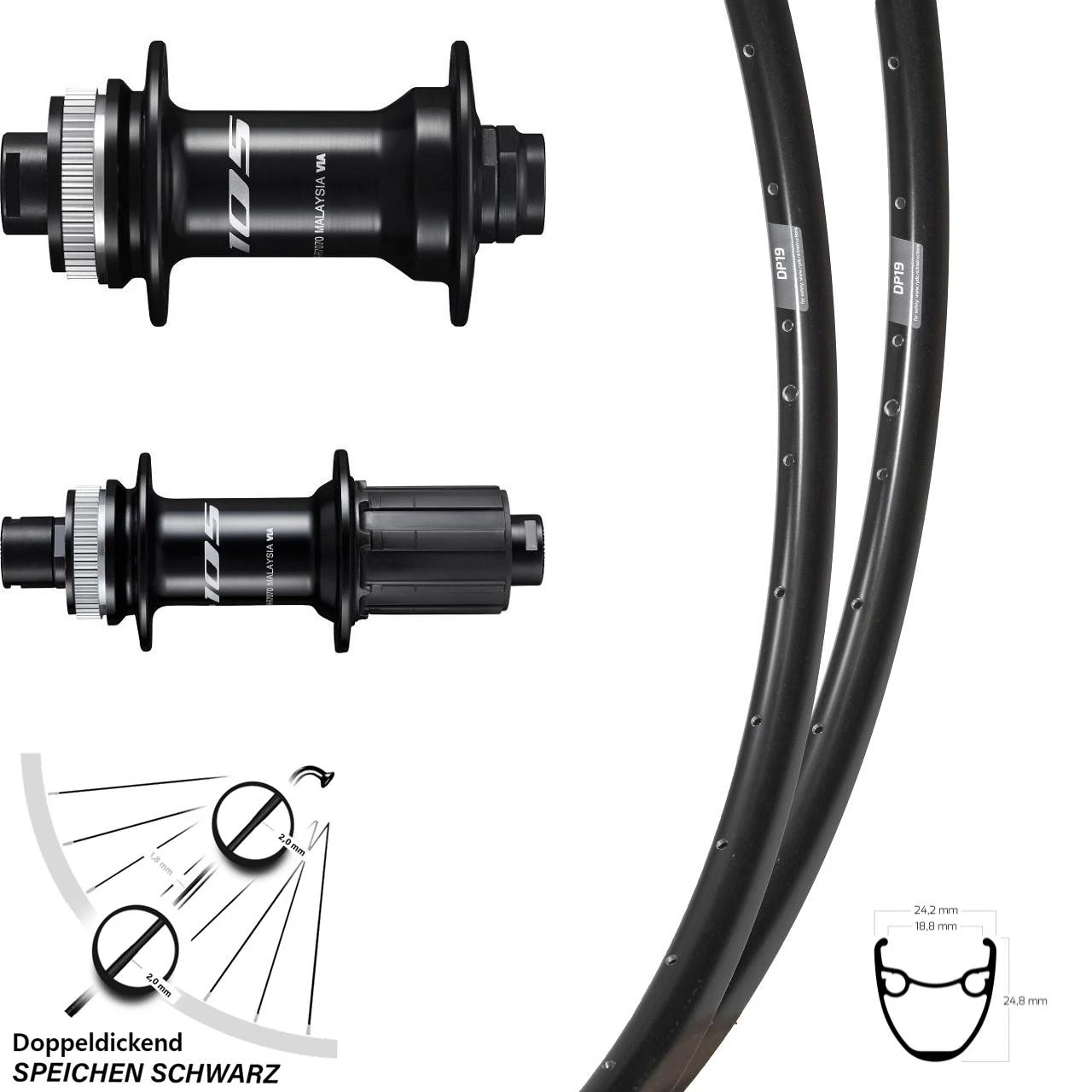 28 Zoll Laufradsatz Ryde DP 19 Disc Shimano 105 Steckachse 12/100 12/142 Mm Centerlock
