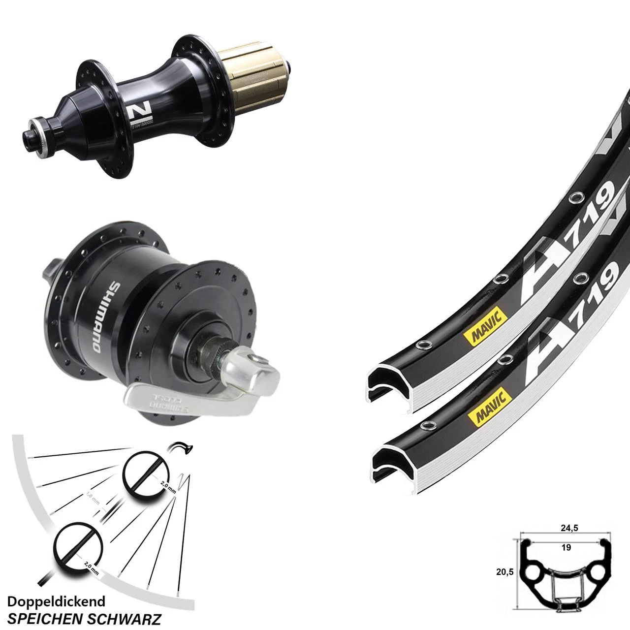 28 Zoll Mavic A 719 Laufradsatz Felgenbremse Nabe Novatec A141 F162 Shimano Dynamo DH-3N72