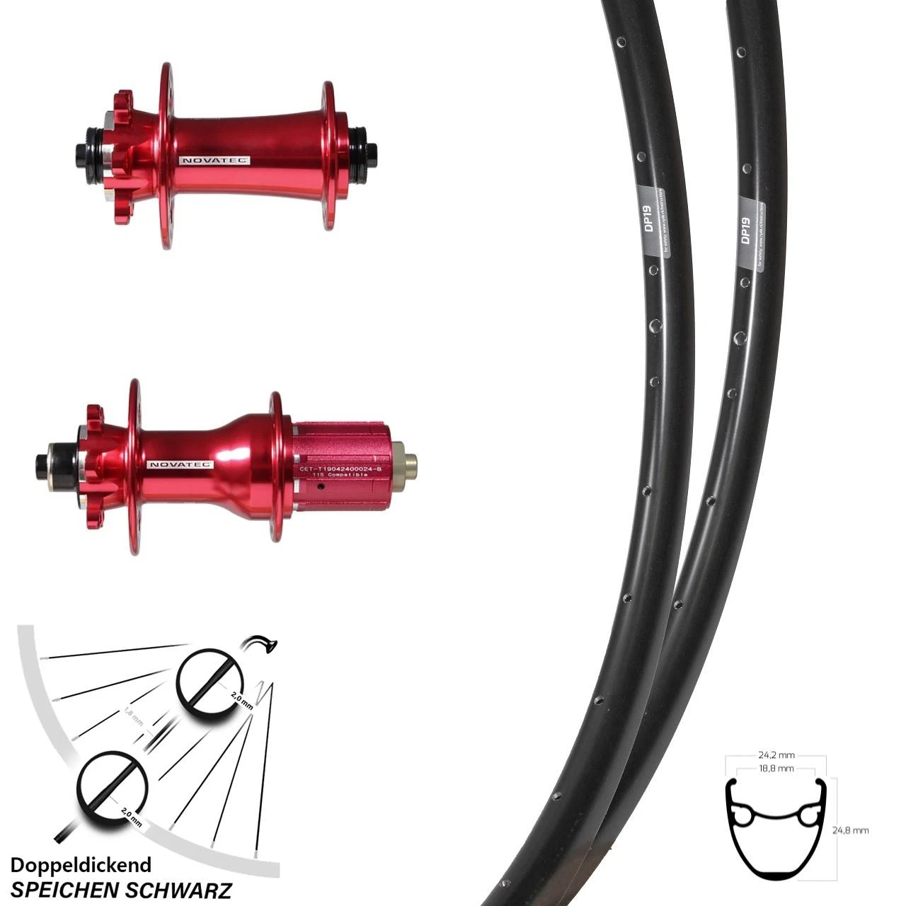 28 Zoll Laufradsatz Road Disc Ryde DP 19 Novatec Nabe D791 D792 Rot 11-fach Schnellspanner