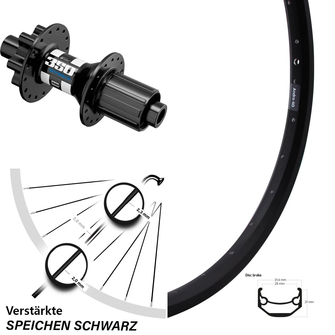 27,5 Zoll Hinterrad DT Swiss 350 Hybrid Steckachse Ryde Andra 40 Disc 6-Loch
