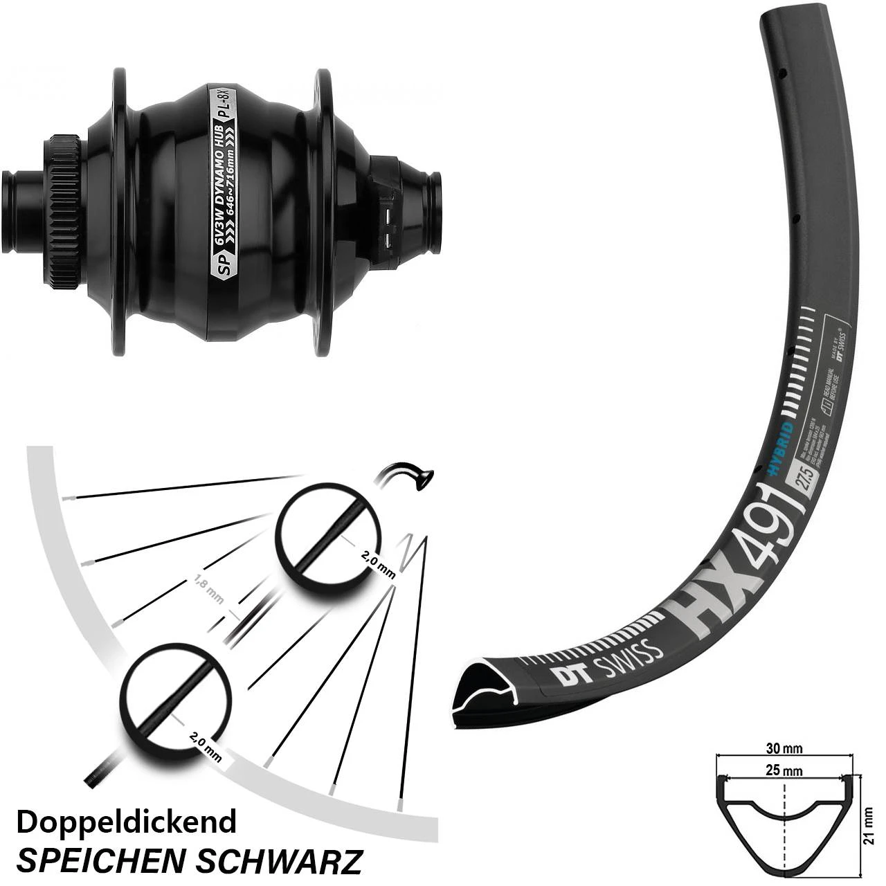 Dt-swiss 27,5 Zoll Nabendynamolaufrad DT Swiss HX 491 Shutter Precision PL-8X-M 12x100