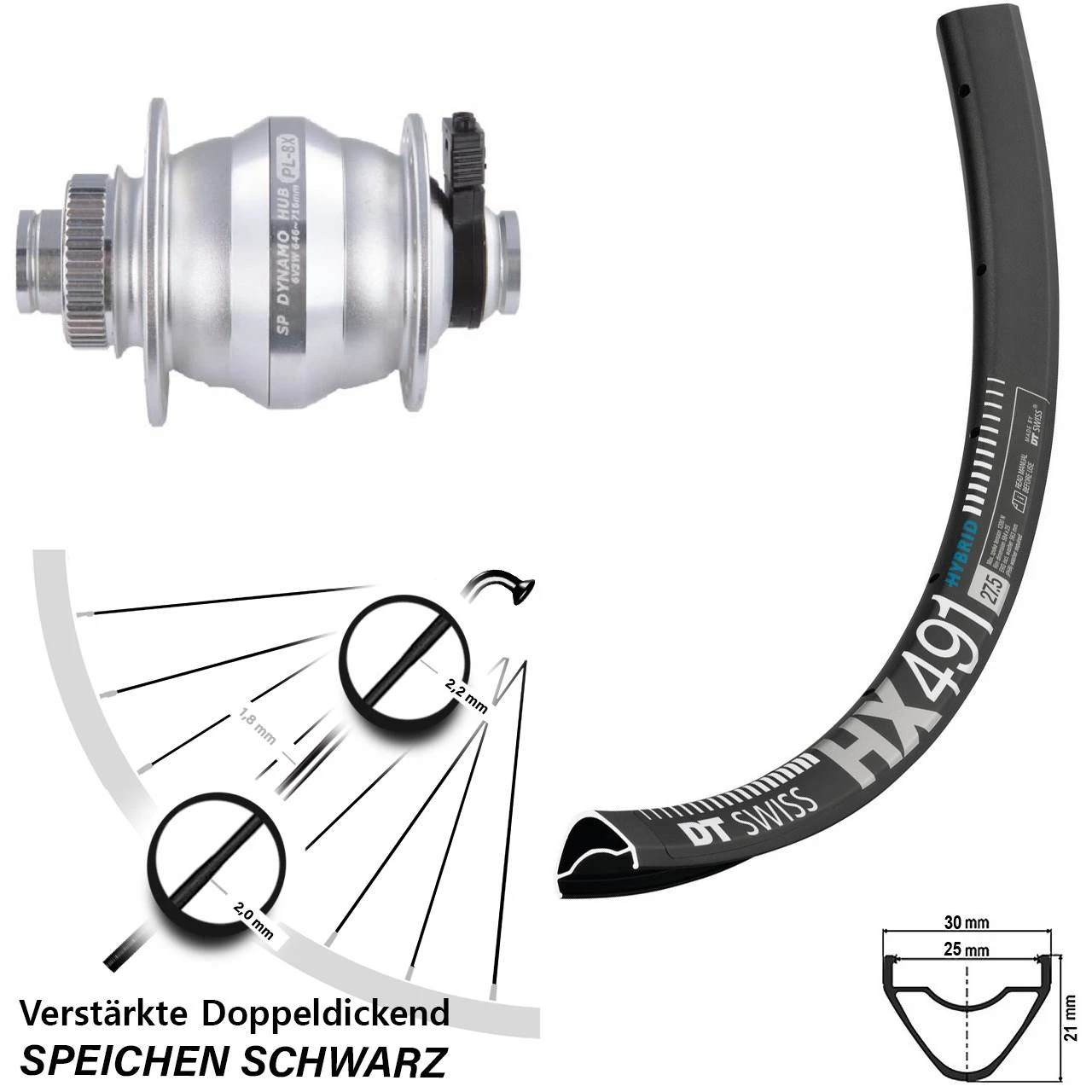 Dt-swiss 27,5 Zoll Nabendynamo Vorderrad DT Swiss HX 491 Shutter Precision PL-8XM 12x100