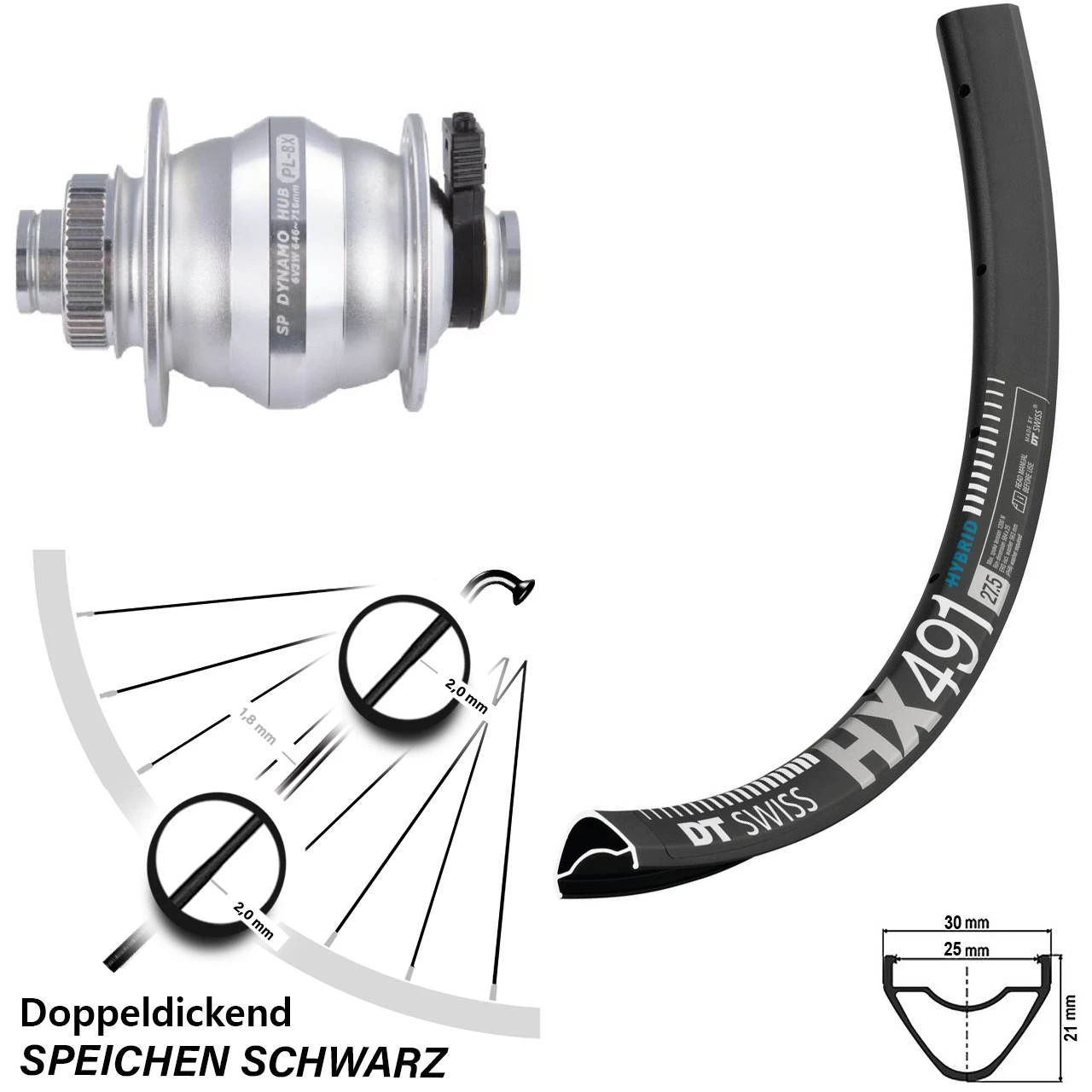 Dt-swiss Shutter PL-8XM 12x100 Nabendynamo DT Swiss HX 491 Laufrad 27,5 Zoll