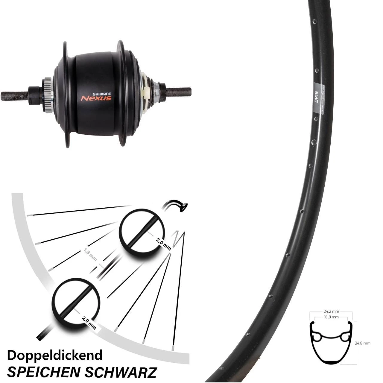 28 Zoll Ryde DP 19 Disc Shimano SG-C6001-8D Hinterrad 8 Gang