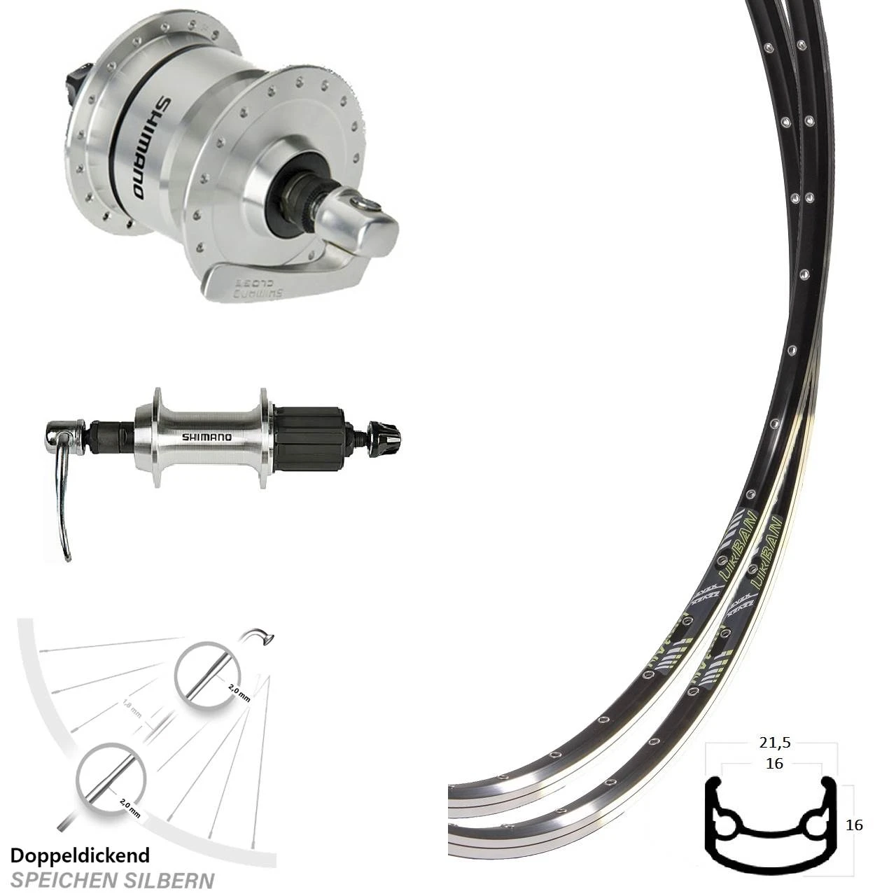 28 Zoll Laufradsatz Felgenbremse DRC ST 16 Dynamo DH-3N72 Shimano FH-TX 500 Silbern