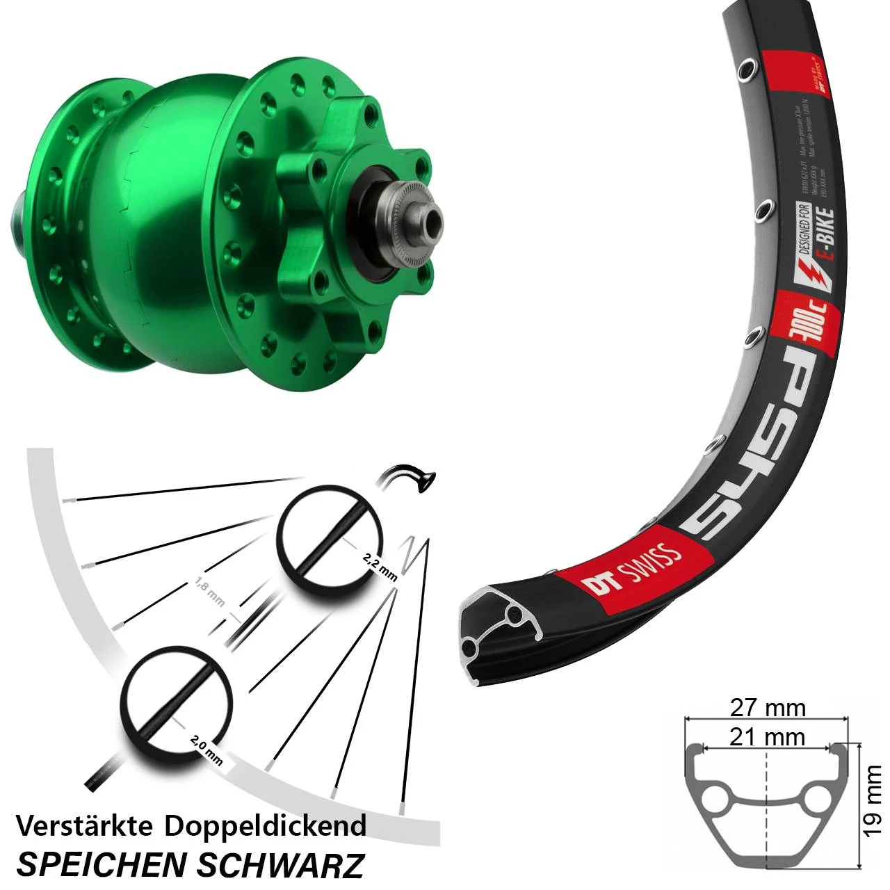 Dt-swiss 28-29 Zoll Vorderrad Mit Nabendynamo DT Swiss 545 SON 28 GrĂŒn Disc