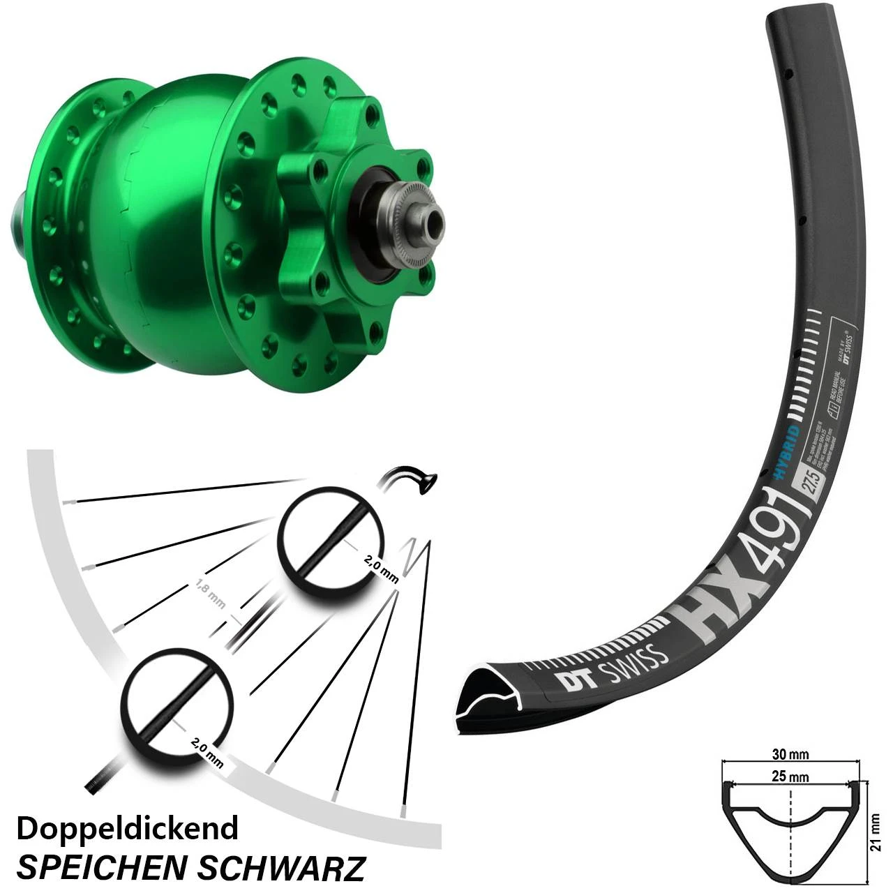 Dt-swiss 29 Zoll DT Swiss HX 491 SON 28 Nabendynamo GrĂŒn 6-Loch Vorderrad