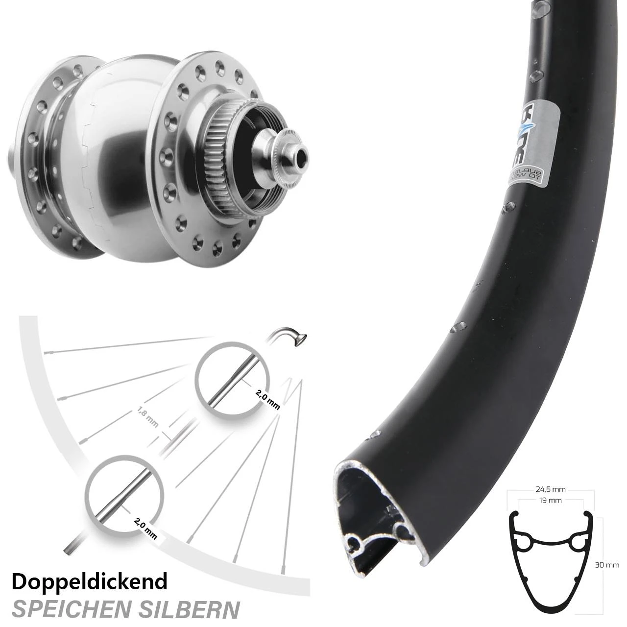 Laufrad Ryde Dutch 19 Schwarz Son 28 Disc Centerlock Hohlachse Silbern Eloxiert