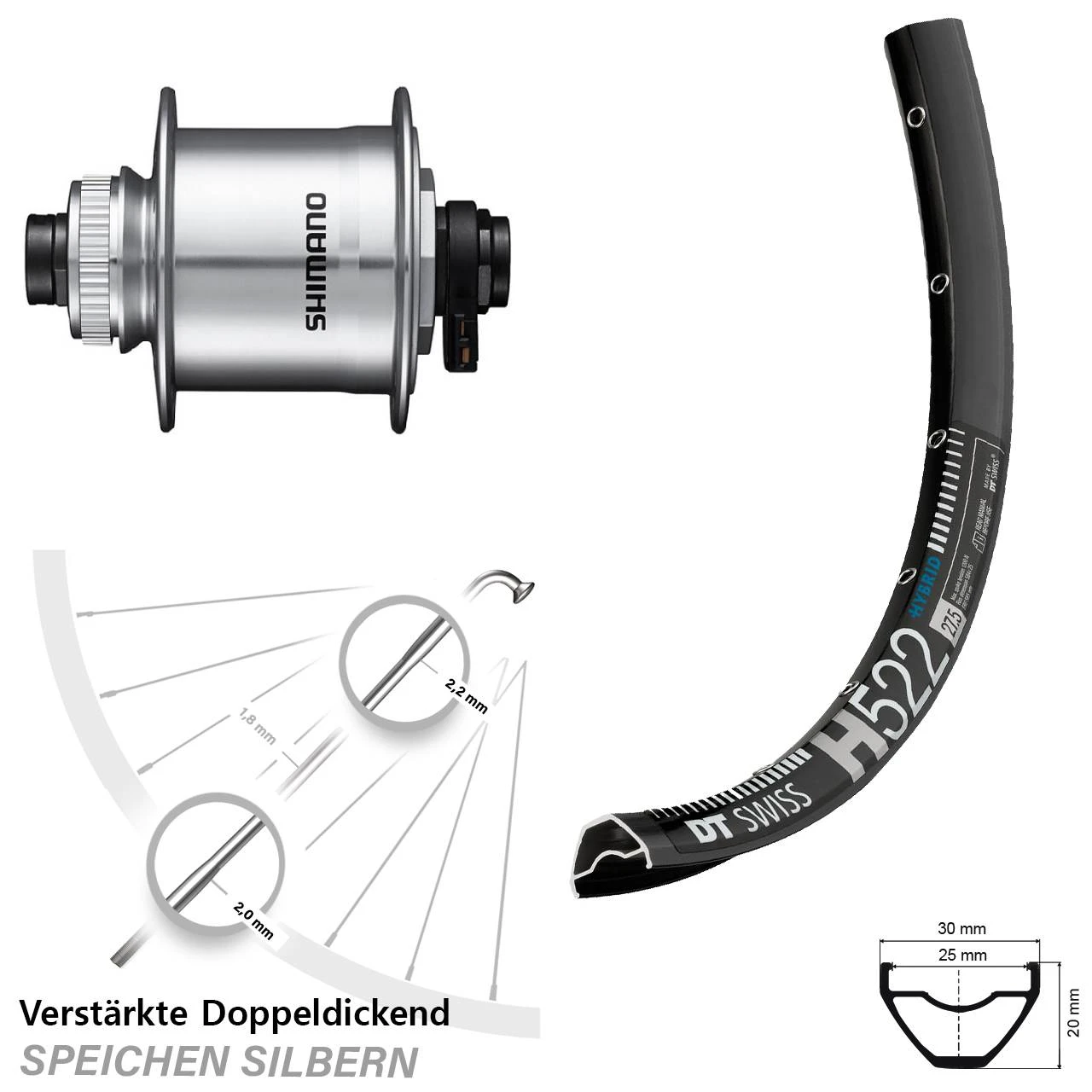 Dt-swiss Vorderrad 28 Zoll Dynamo Shimano DH-UR705 DT Swiss H 522 Steckachse 12x100 Mm