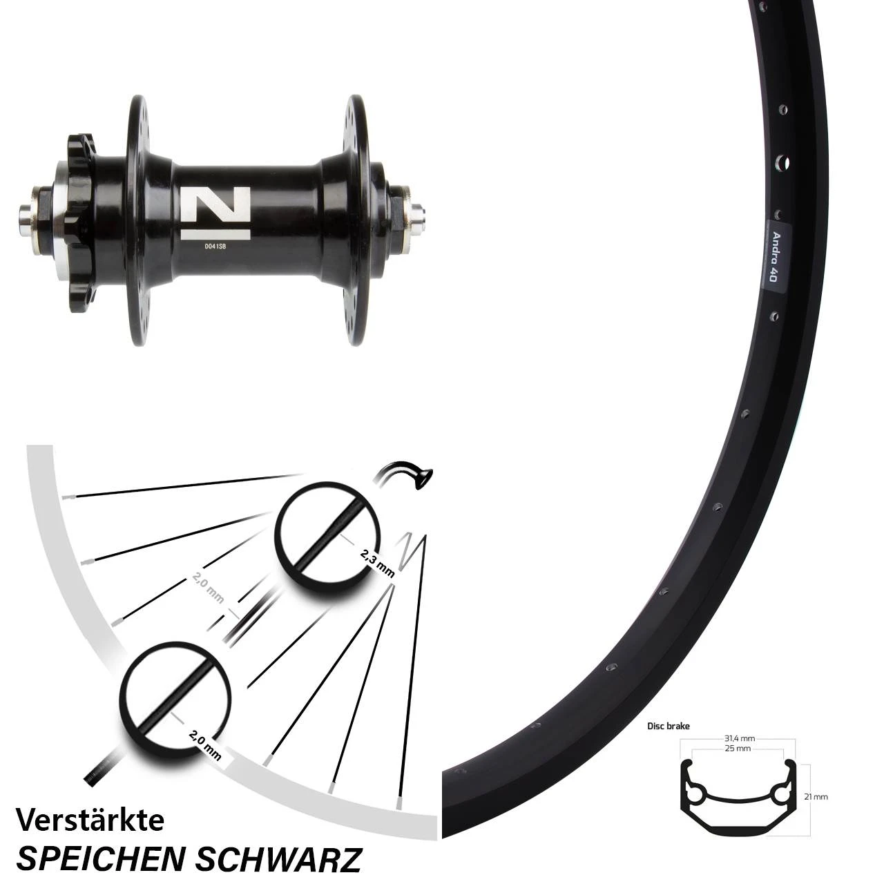 24 Zoll Vorderrad Ryde Andra 40 Disc Novatec D041 Nabe 5/100 Mm
